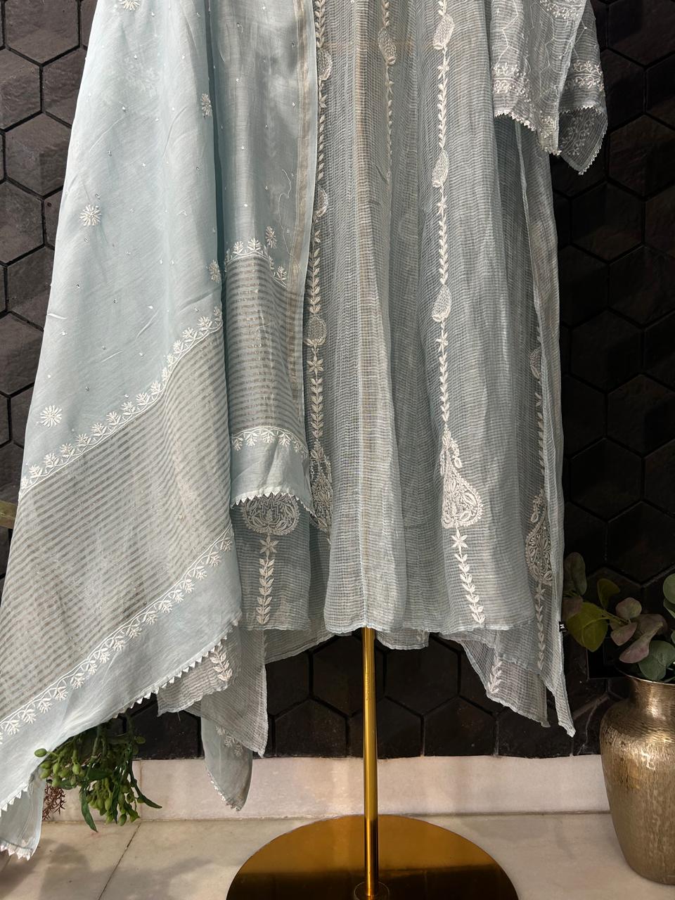 Blue tissue chikankari anarkali set