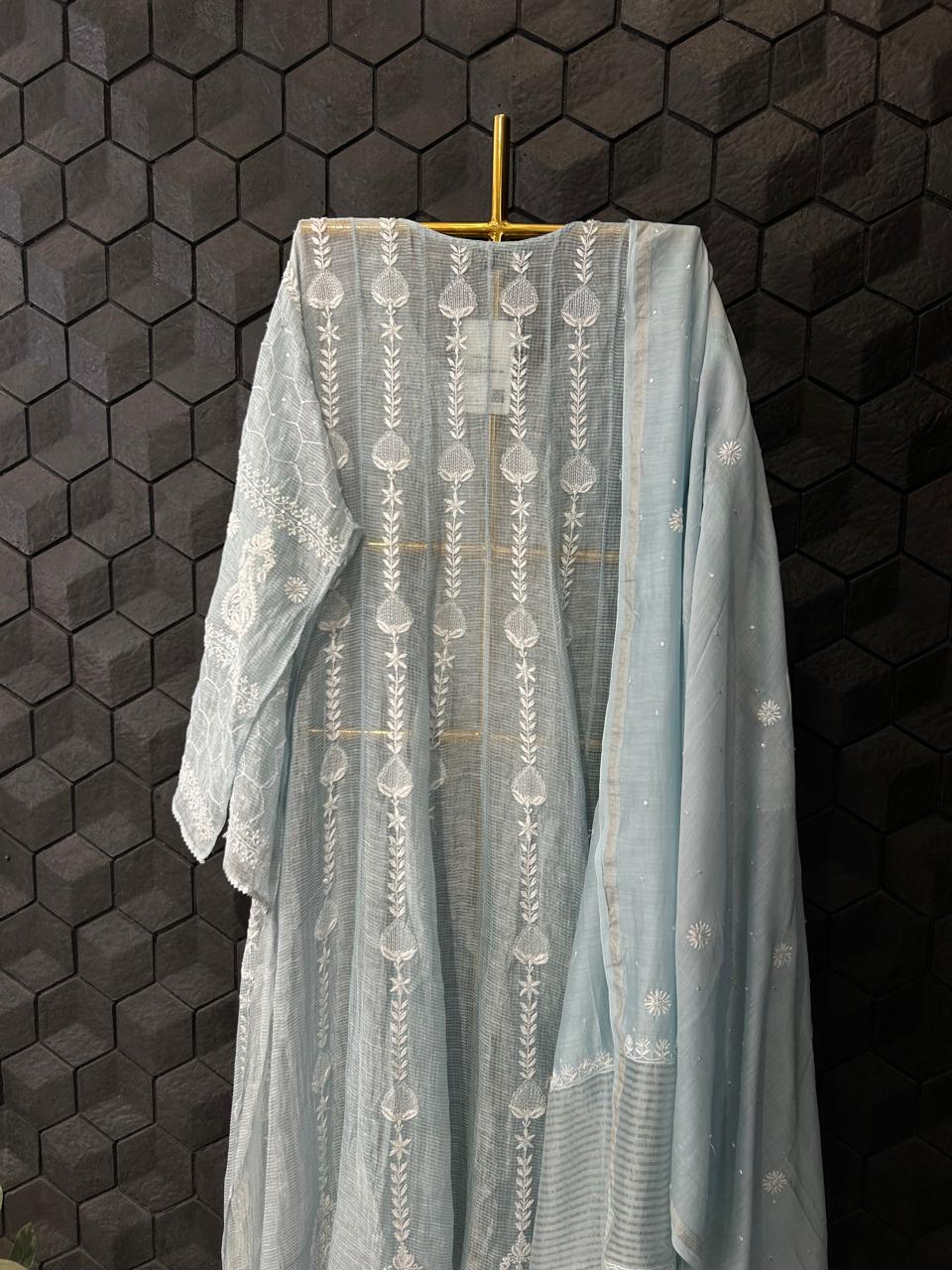 Blue tissue chikankari anarkali set