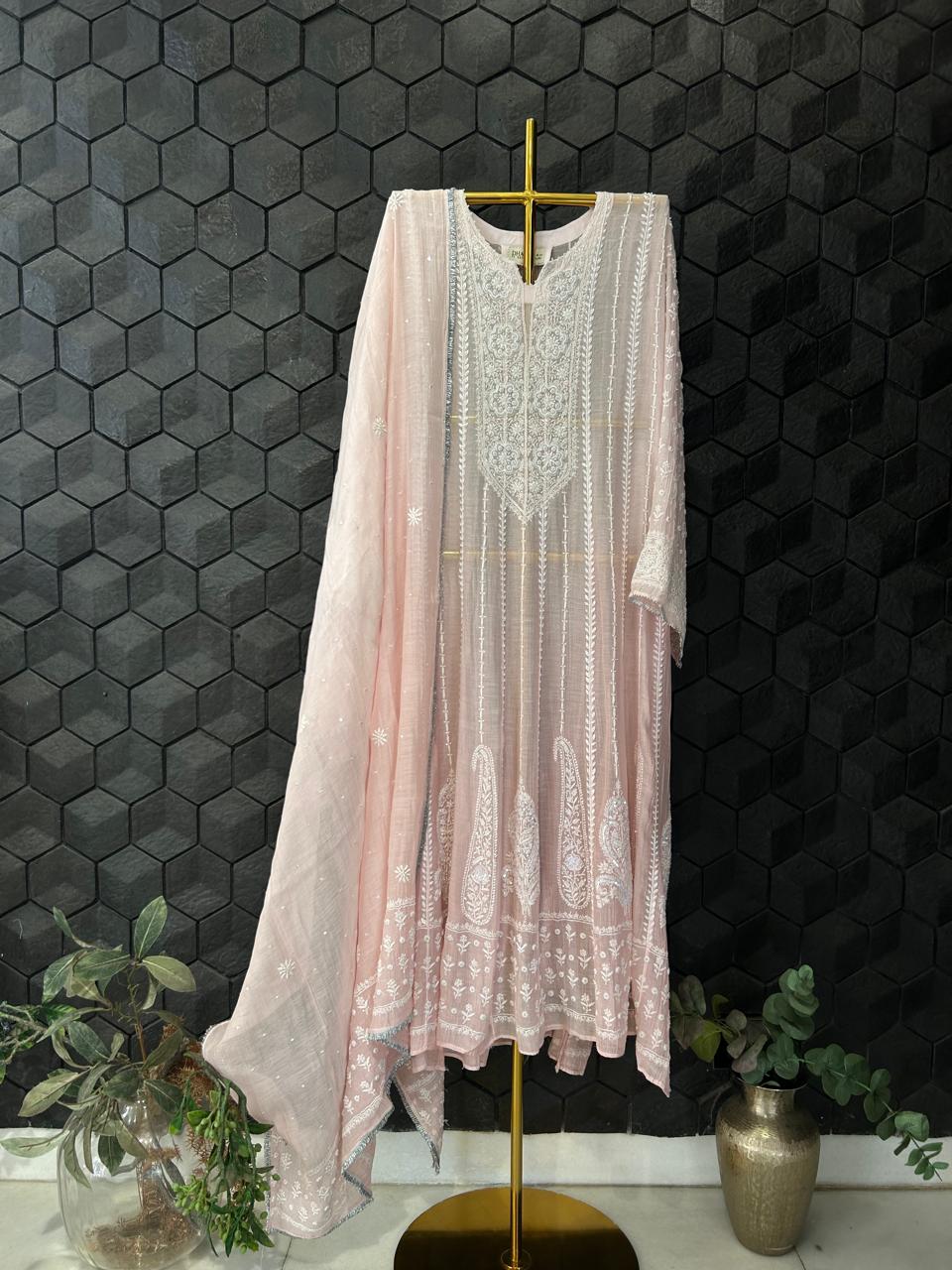 Pink mul chanderi chikankari anarkali set