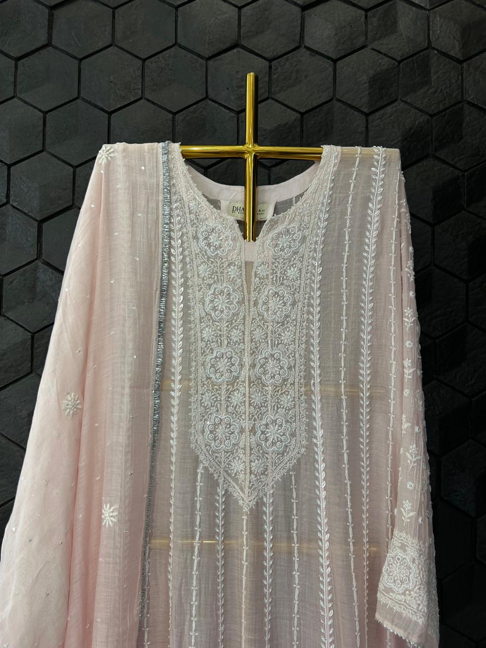 Pink mul chanderi chikankari anarkali set