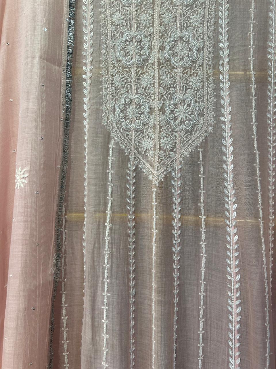 Pink mul chanderi chikankari anarkali set