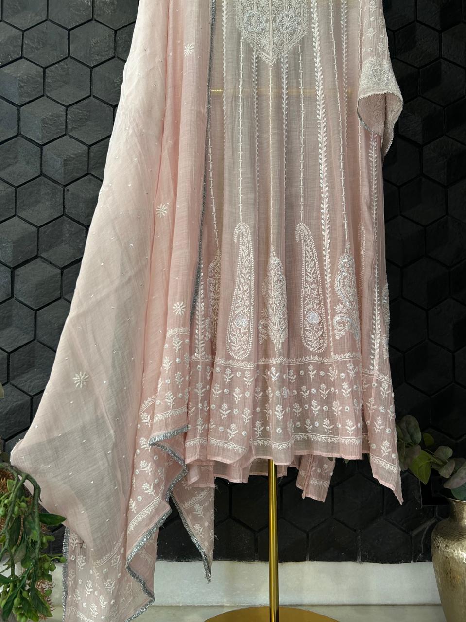 Pink mul chanderi chikankari anarkali set