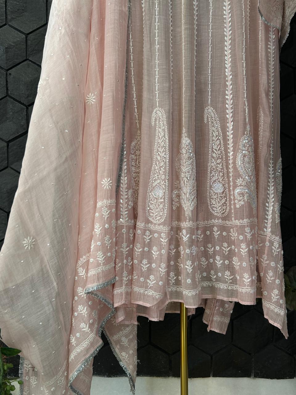 Pink mul chanderi chikankari anarkali set