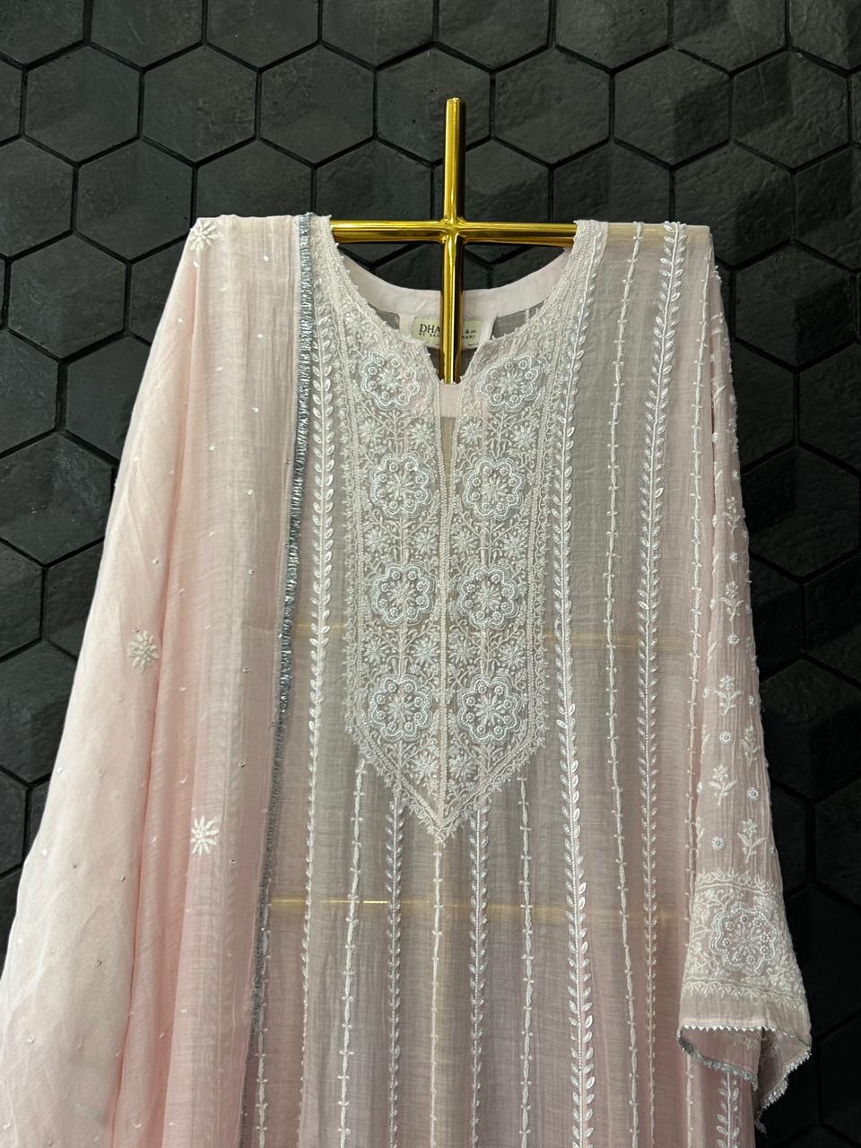 Pink mul chanderi chikankari anarkali set