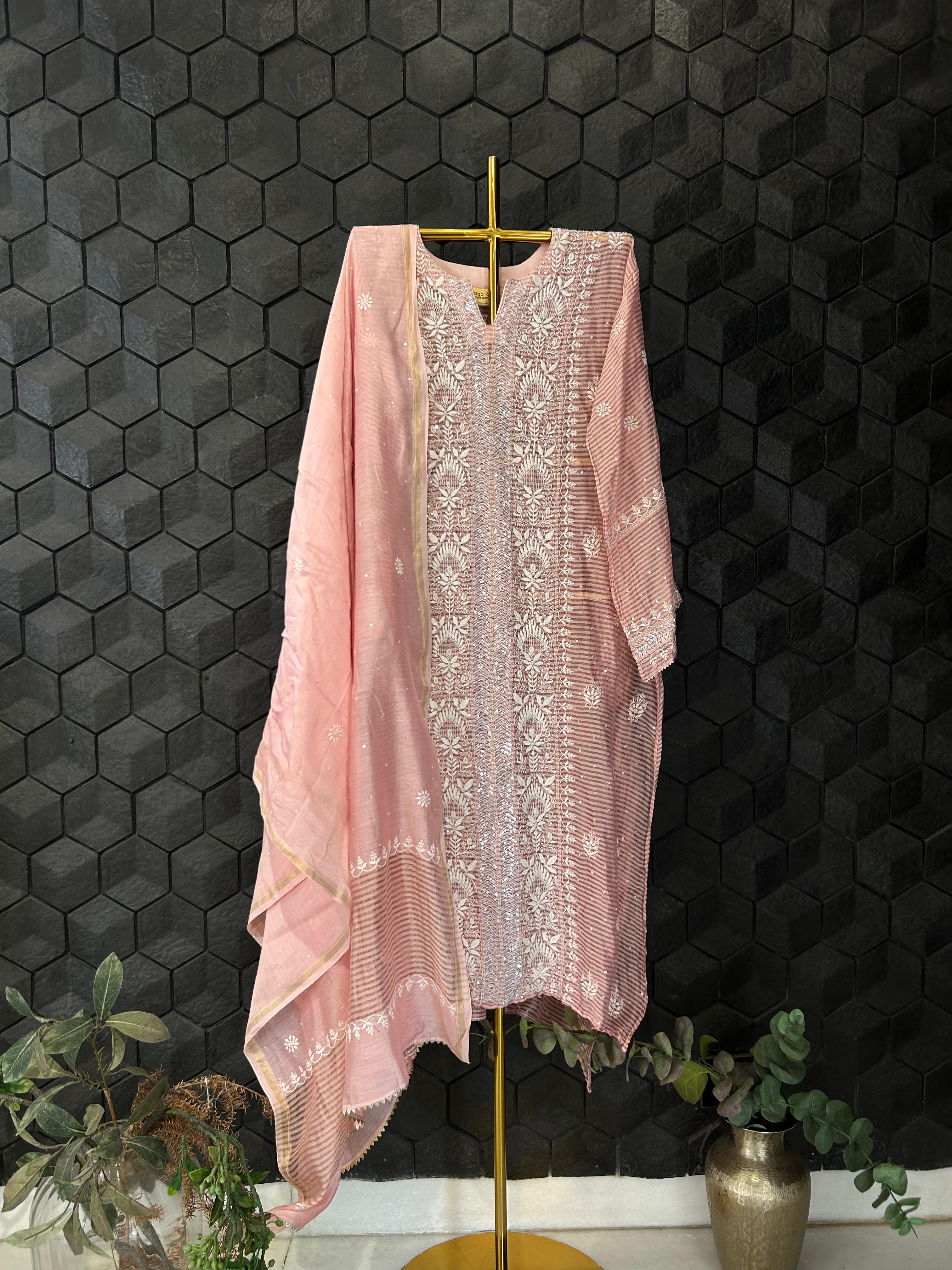 Peach stripe tissue chikankari kurta set