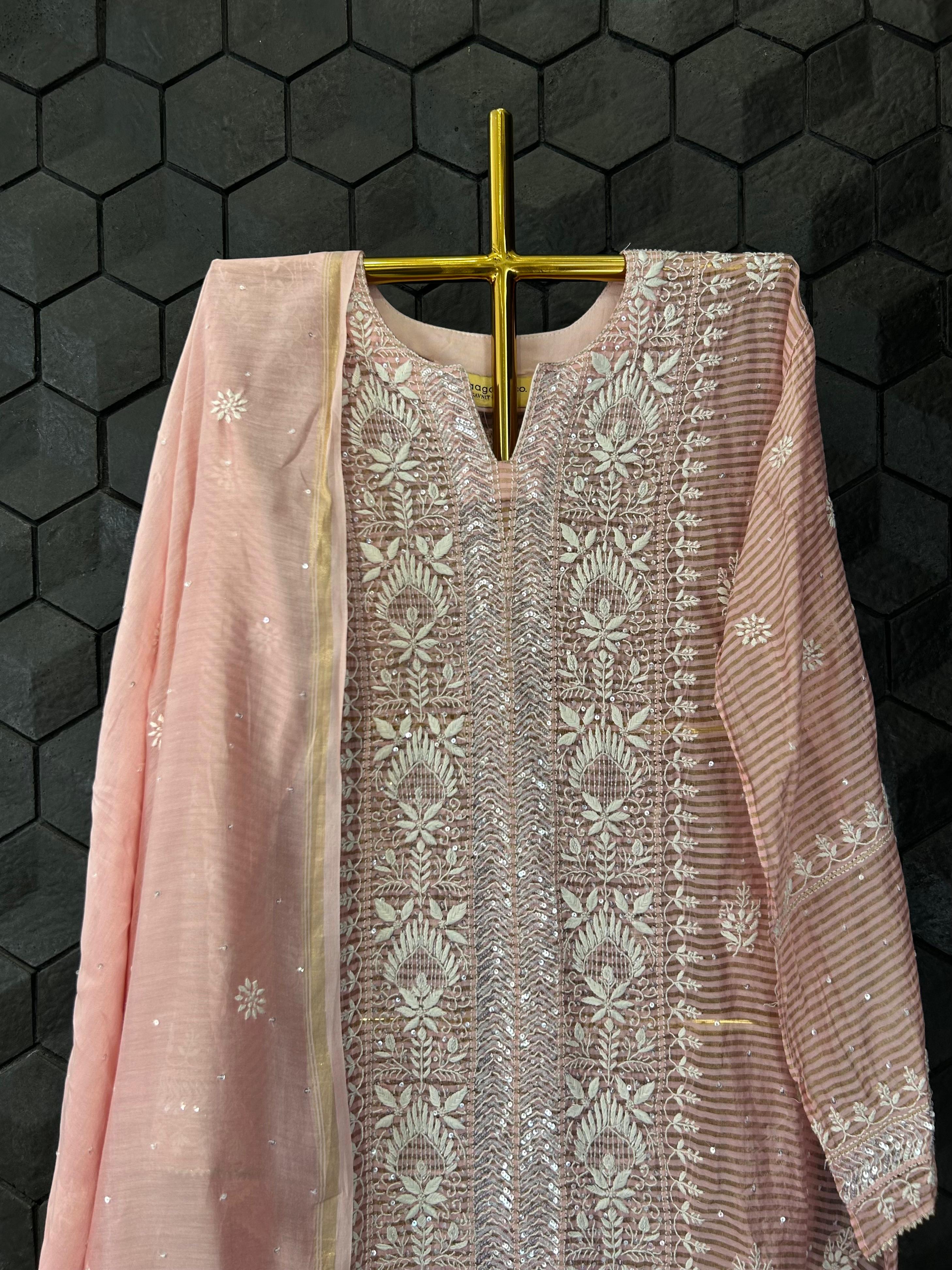 Peach stripe tissue chikankari kurta set