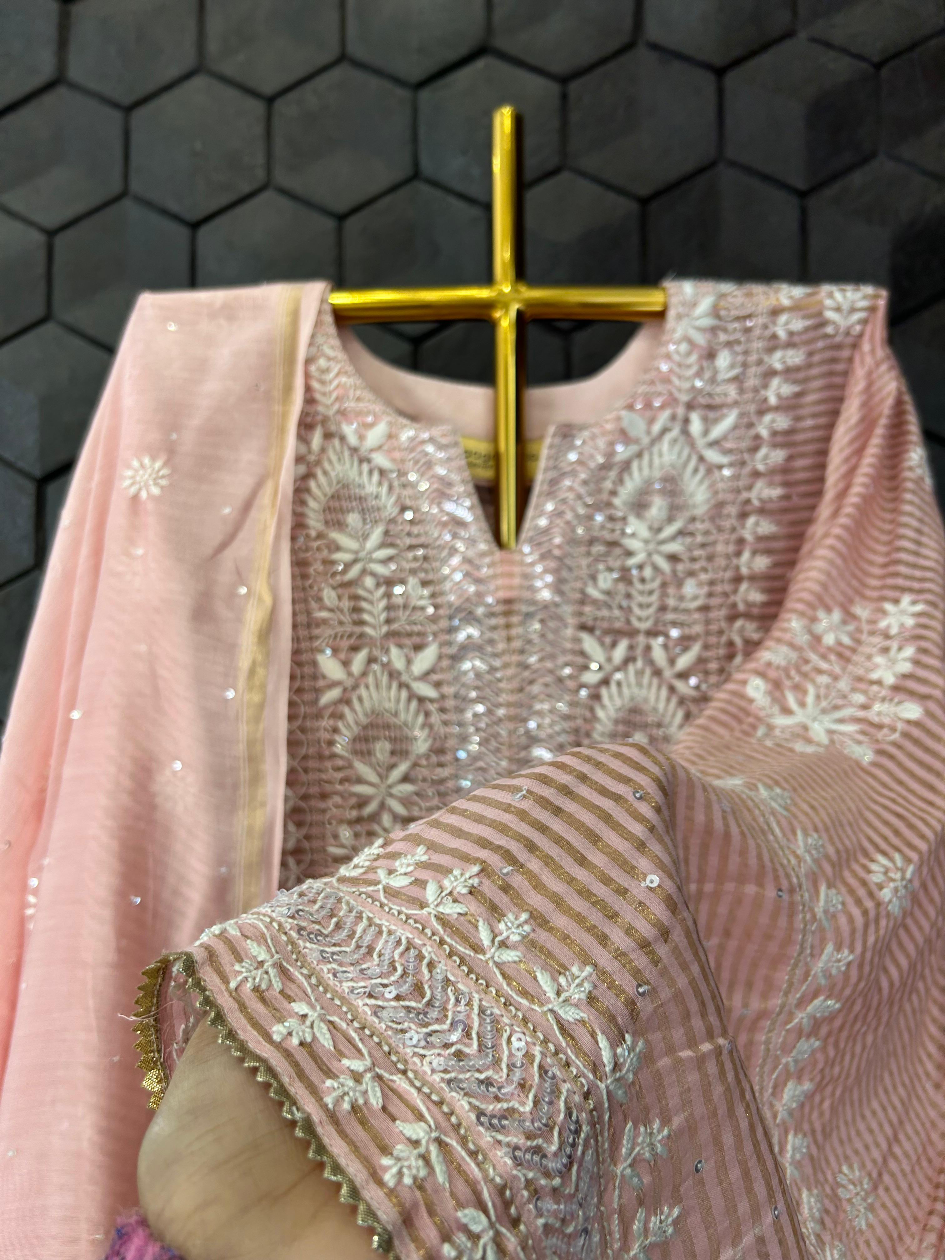 Peach stripe tissue chikankari kurta set