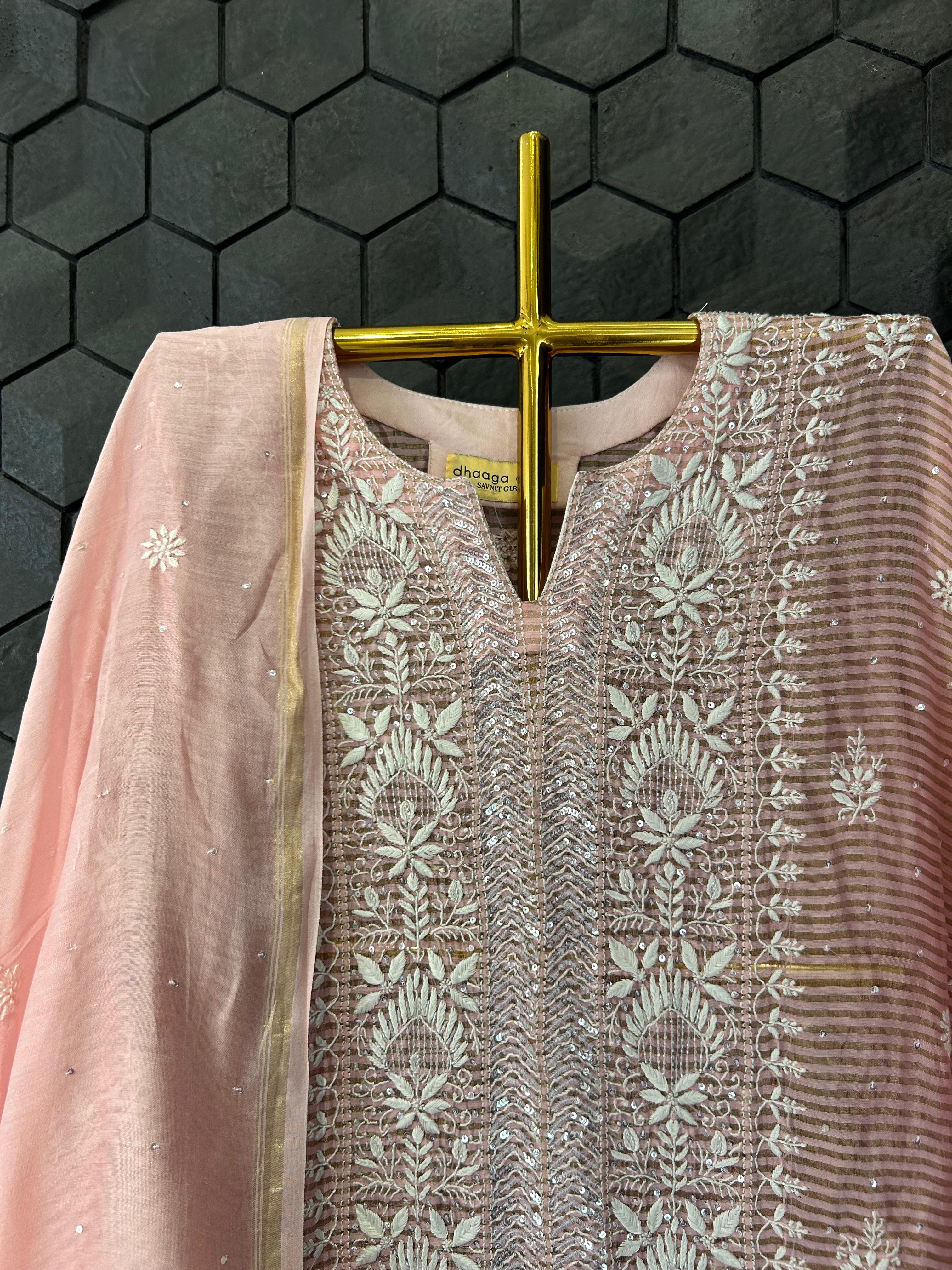 Peach stripe tissue chikankari kurta set