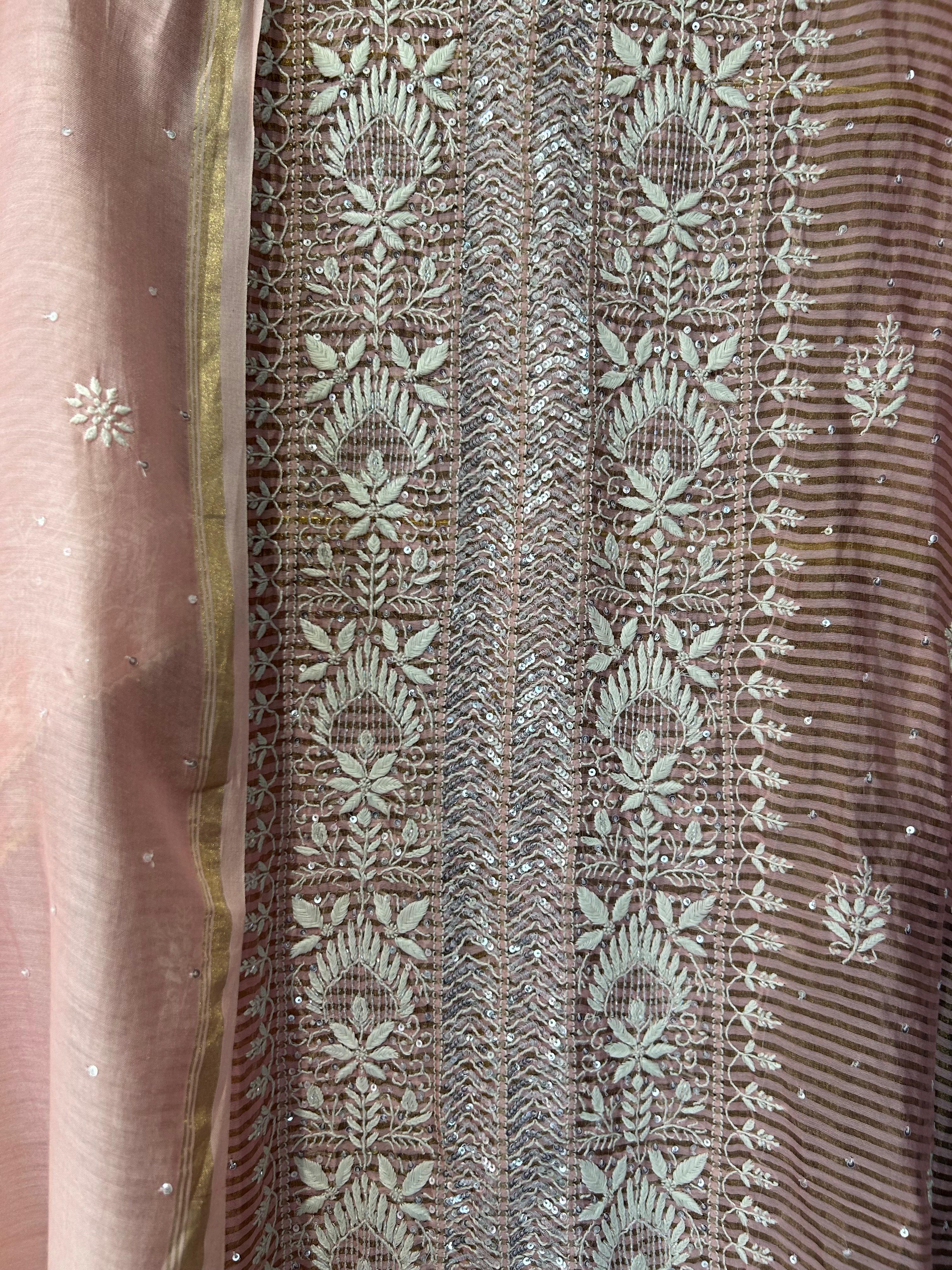 Peach stripe tissue chikankari kurta set