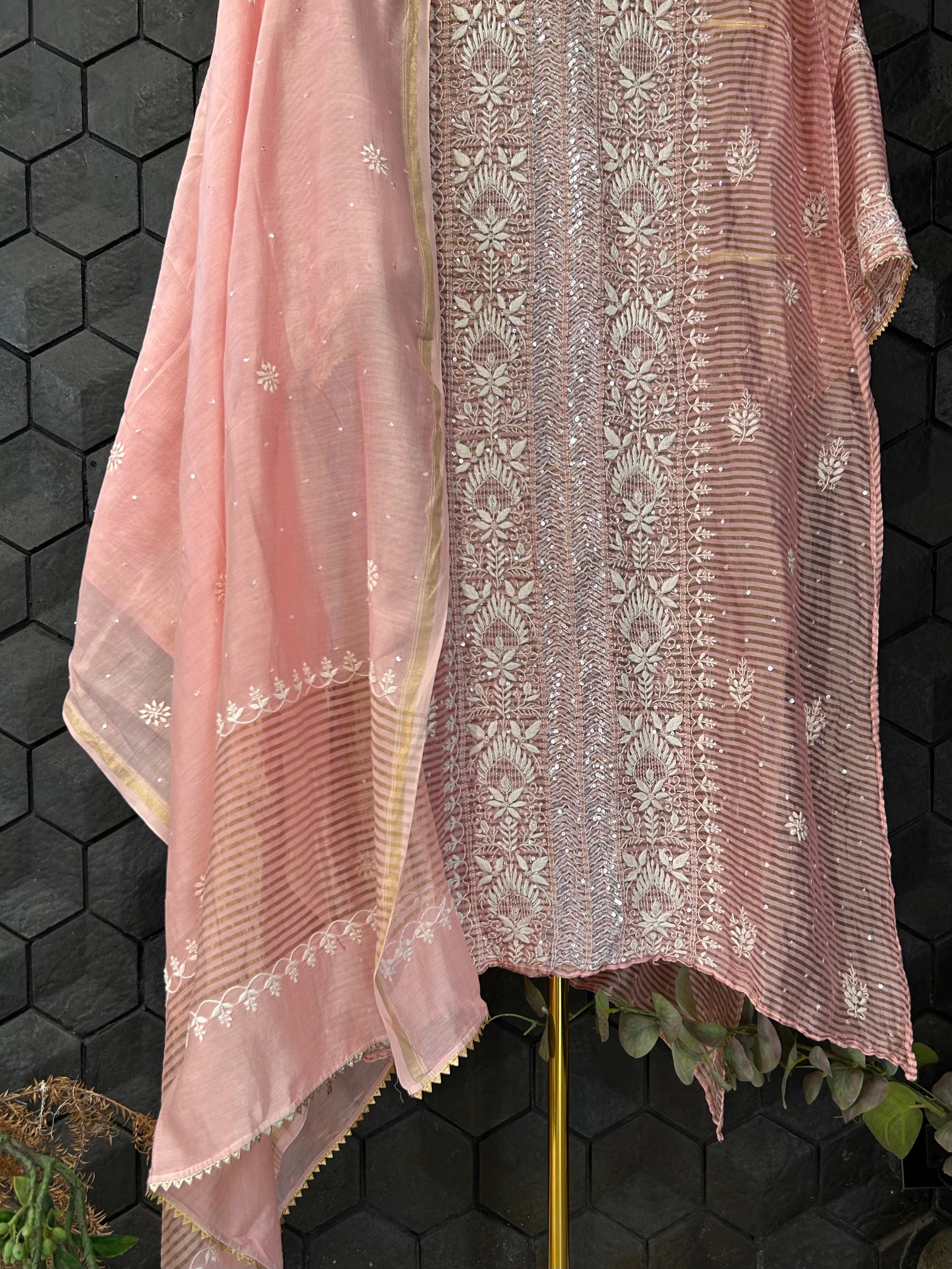 Peach stripe tissue chikankari kurta set