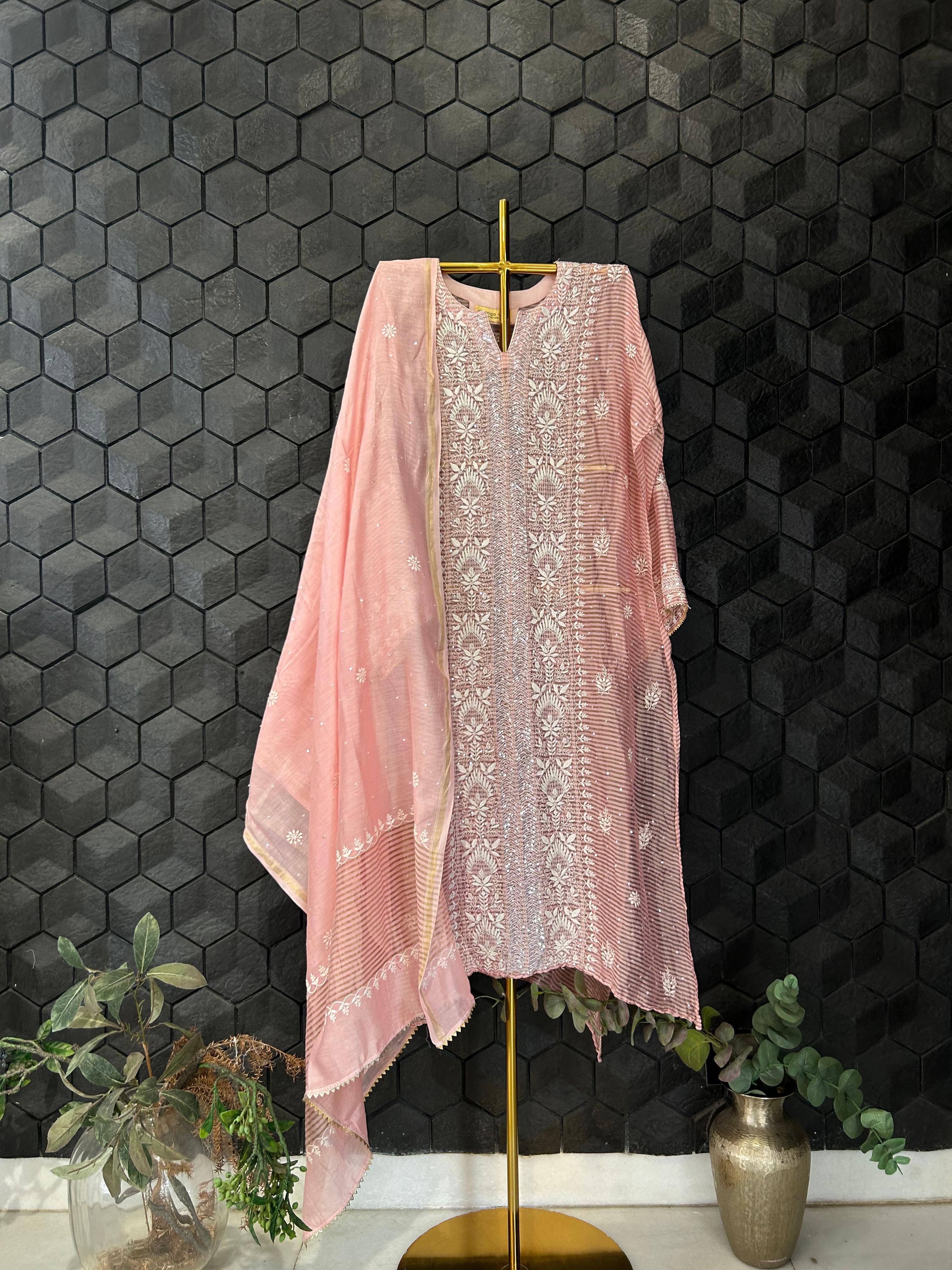 Peach stripe tissue chikankari kurta set
