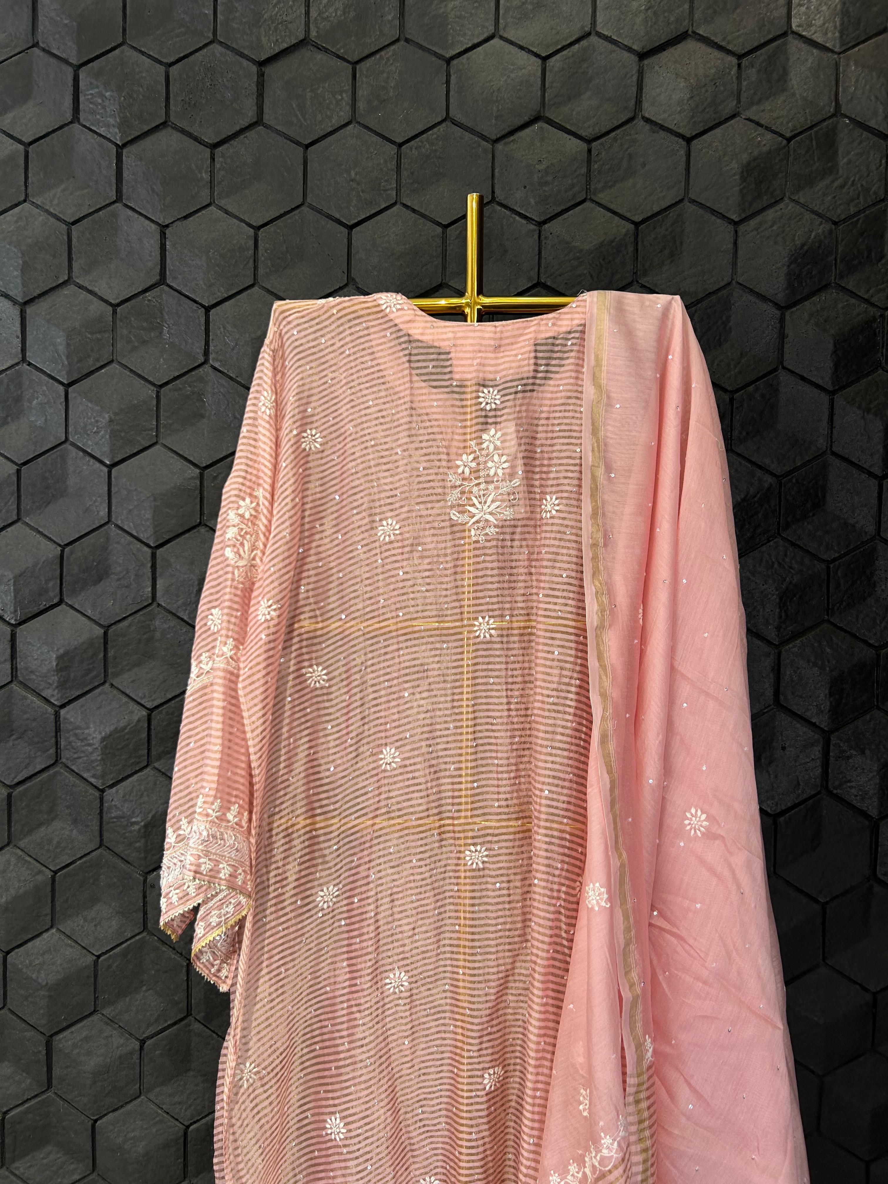 Peach stripe tissue chikankari kurta set