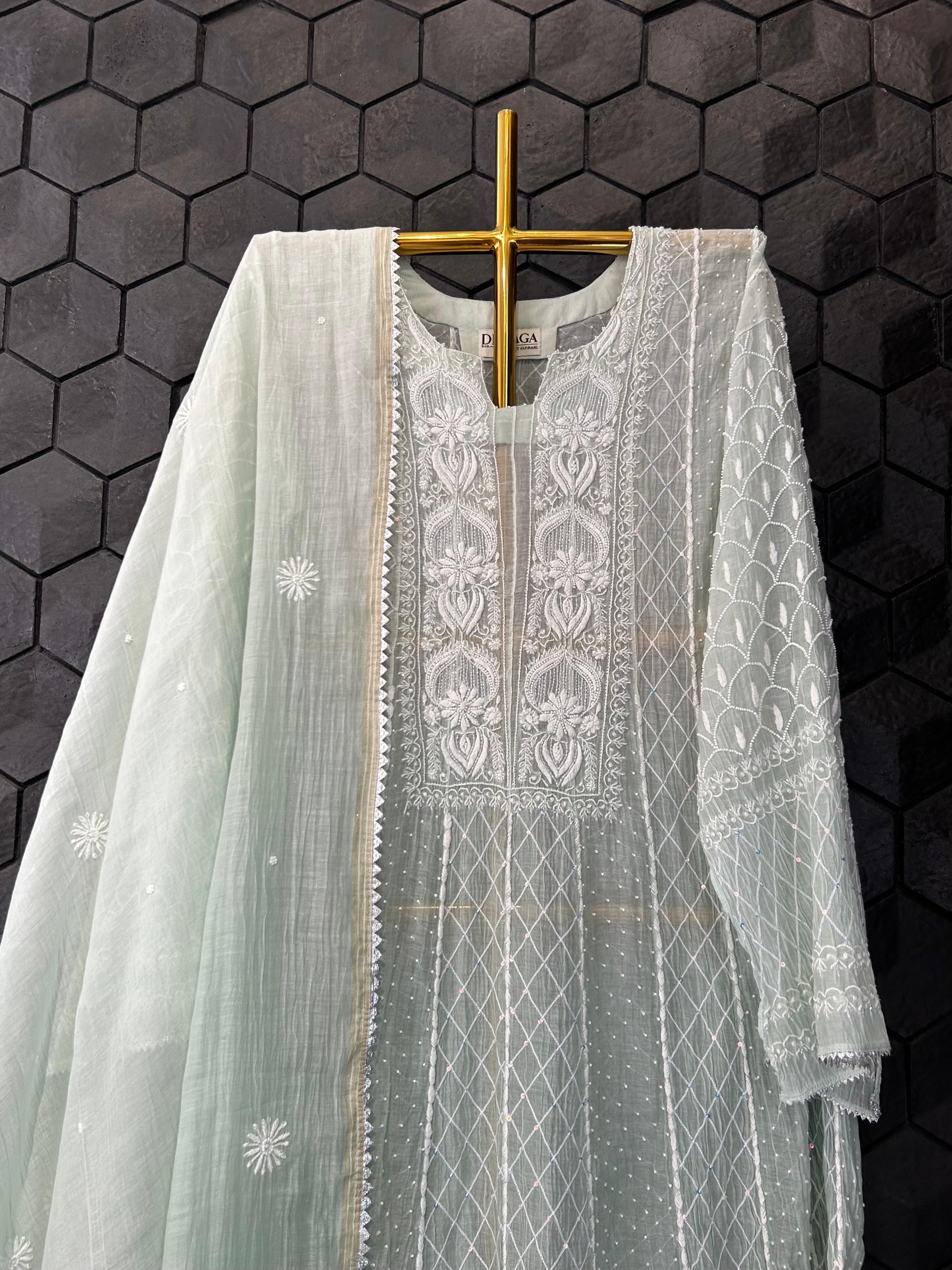 Sea Green mul chanderi chikankari anarkali set