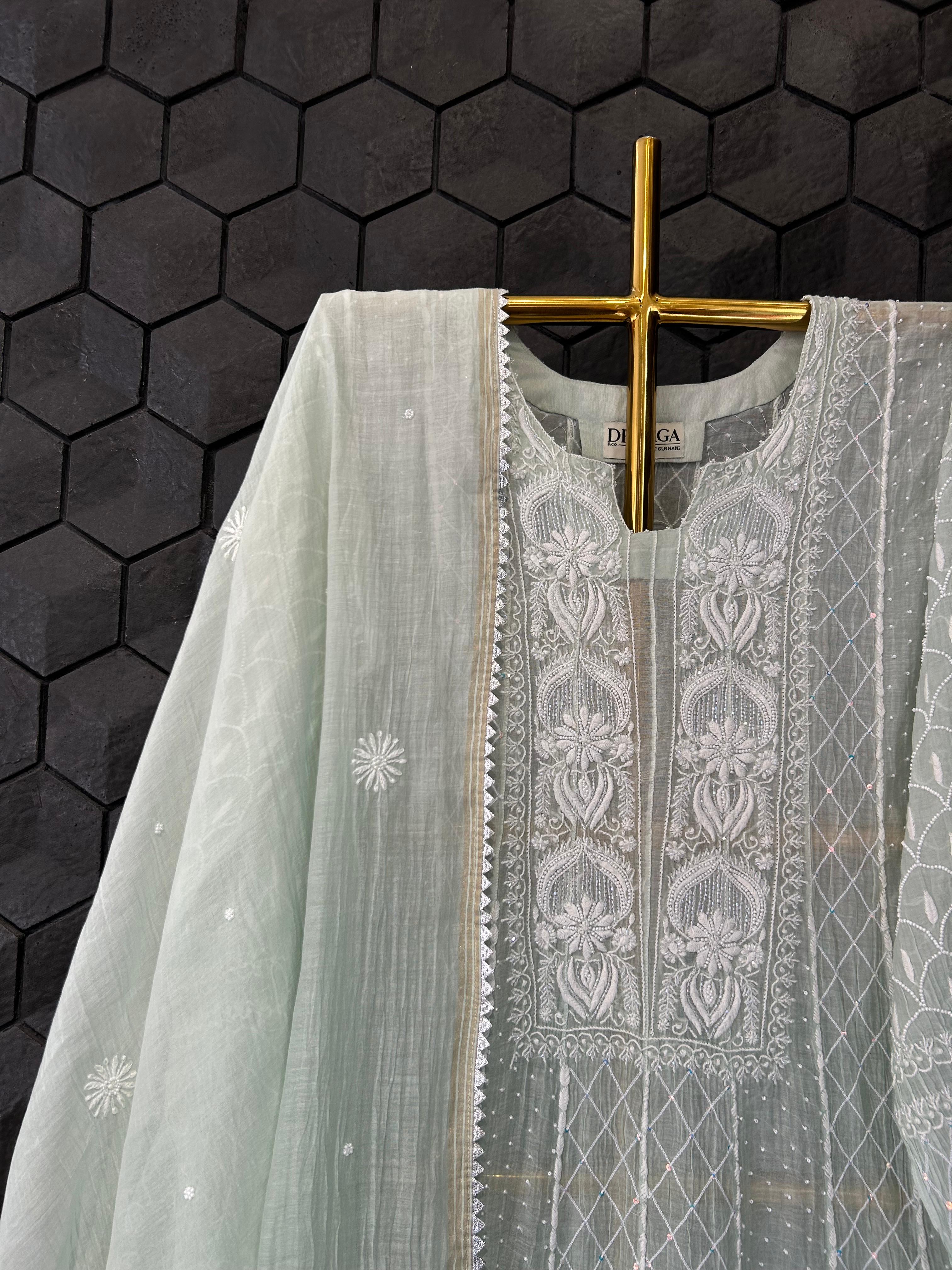 Sea Green mul chanderi chikankari anarkali set