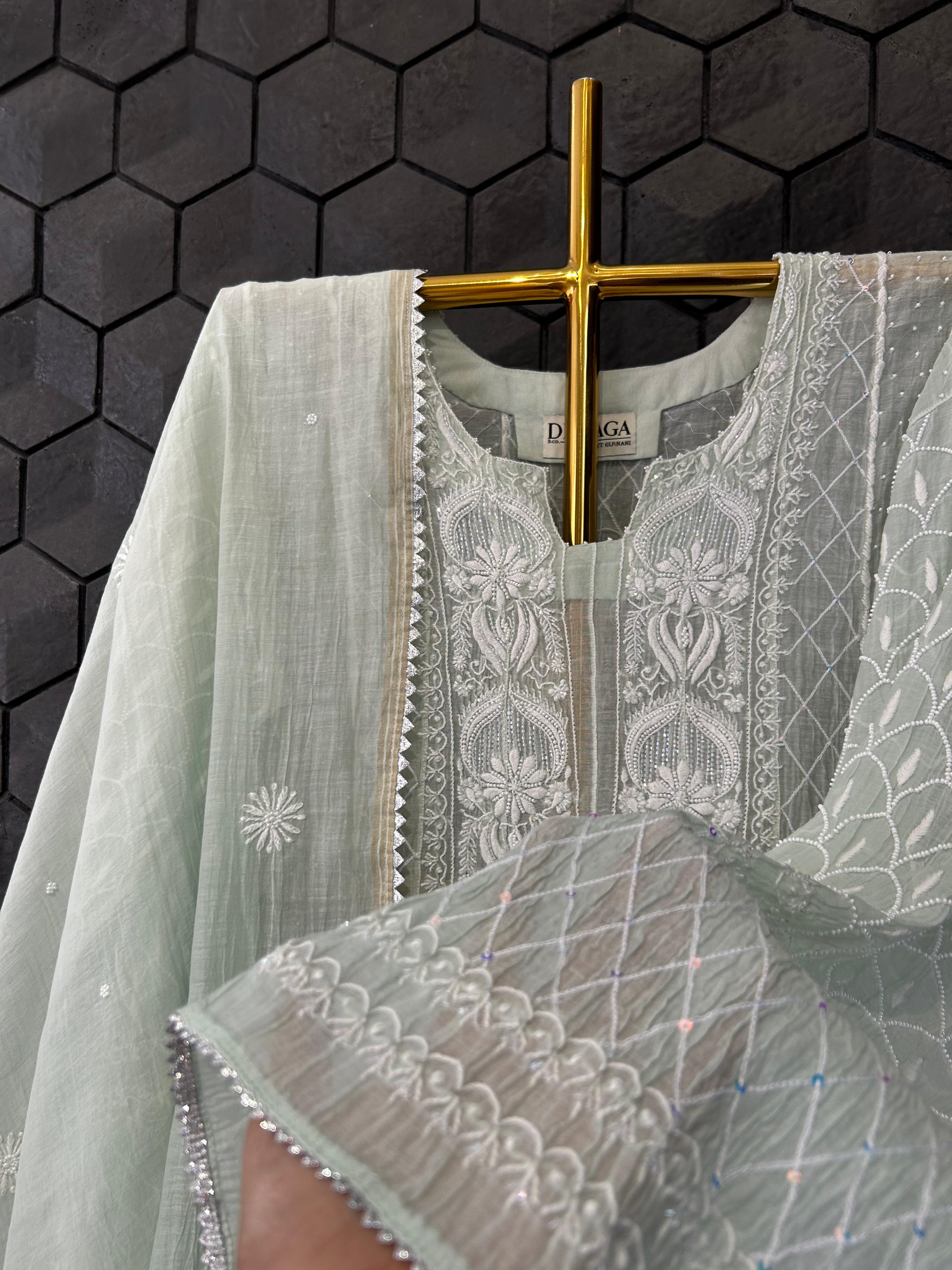 Sea Green mul chanderi chikankari anarkali set