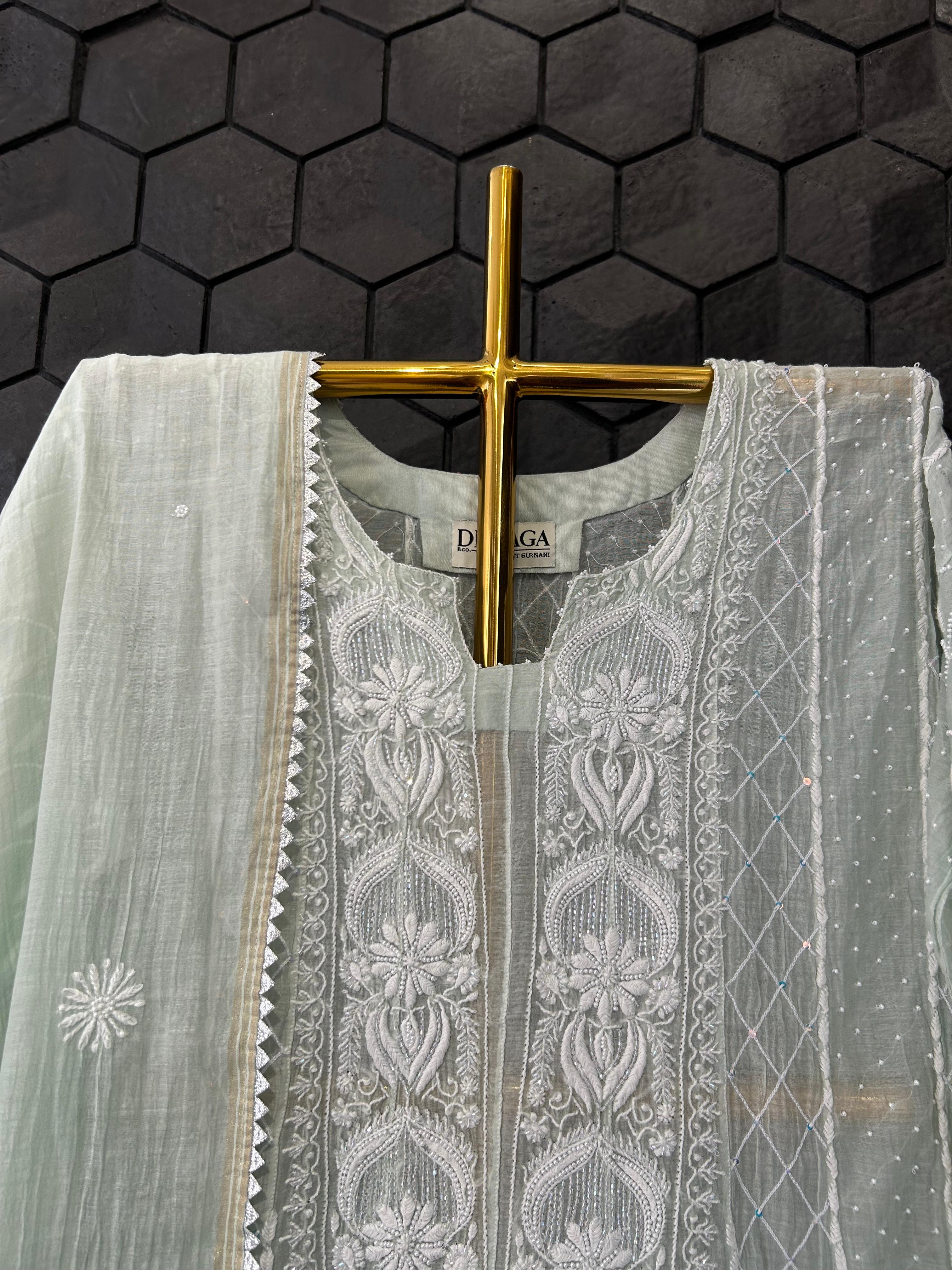 Sea Green mul chanderi chikankari anarkali set