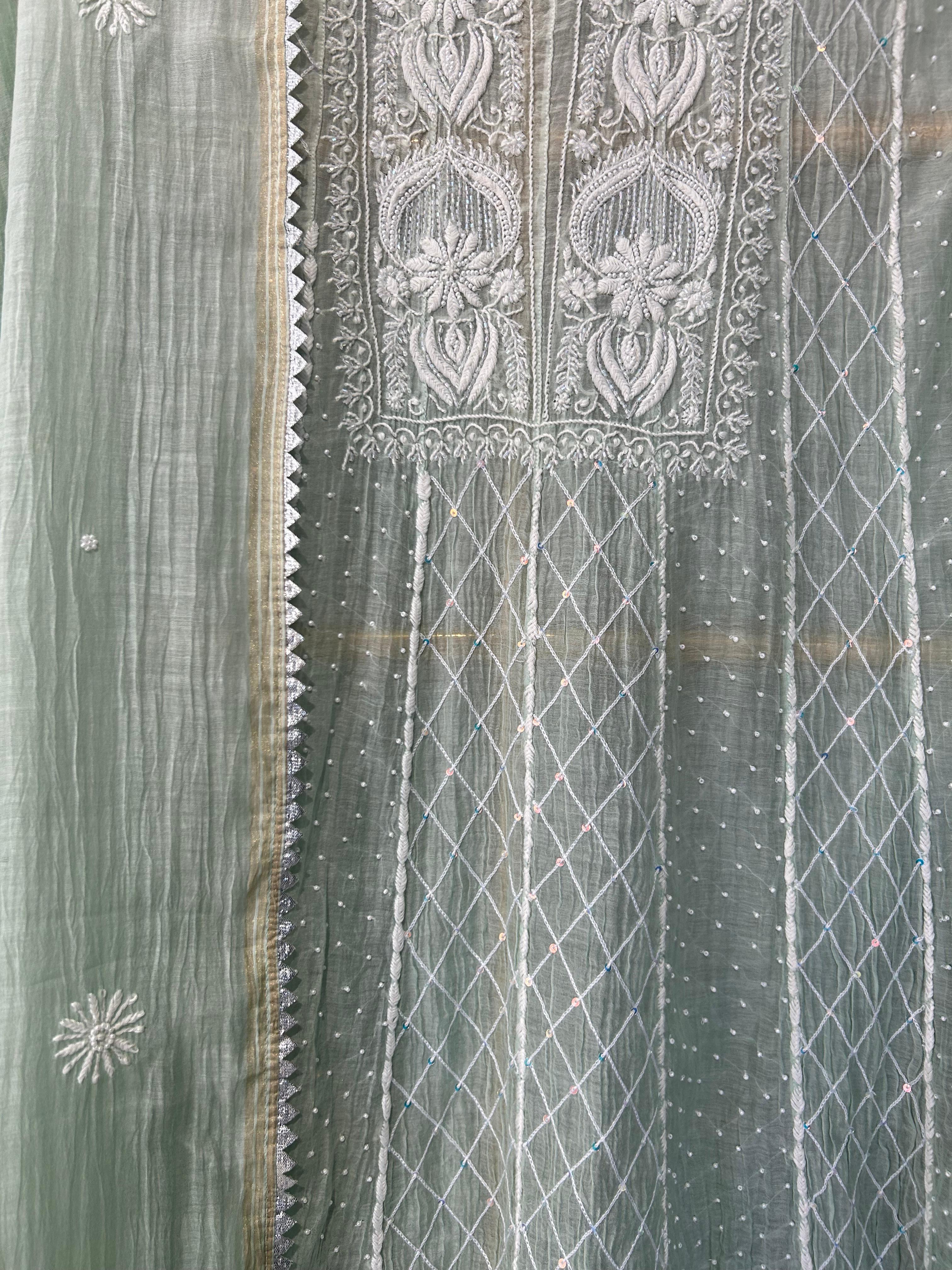 Sea Green mul chanderi chikankari anarkali set