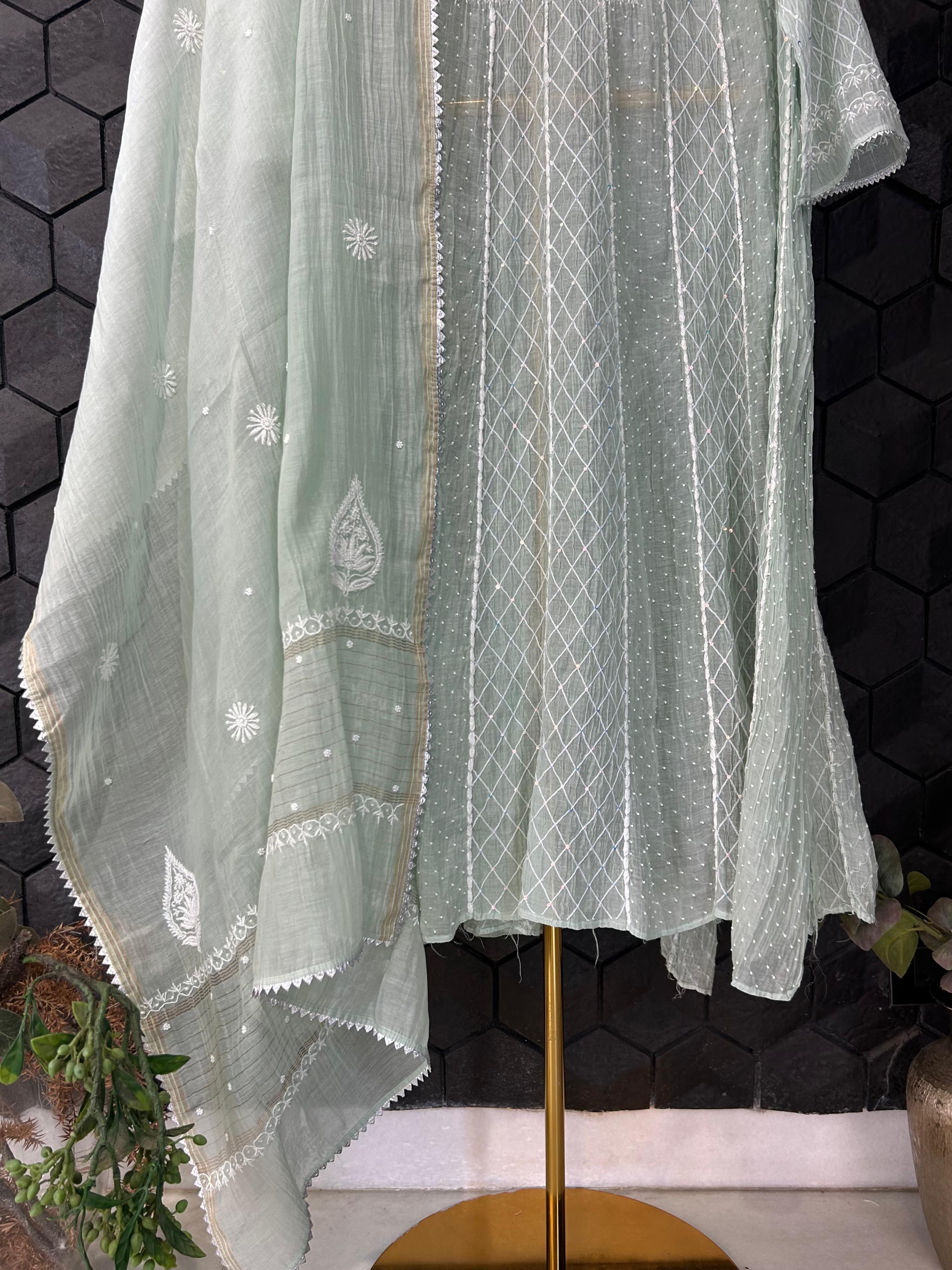 Sea Green mul chanderi chikankari anarkali set