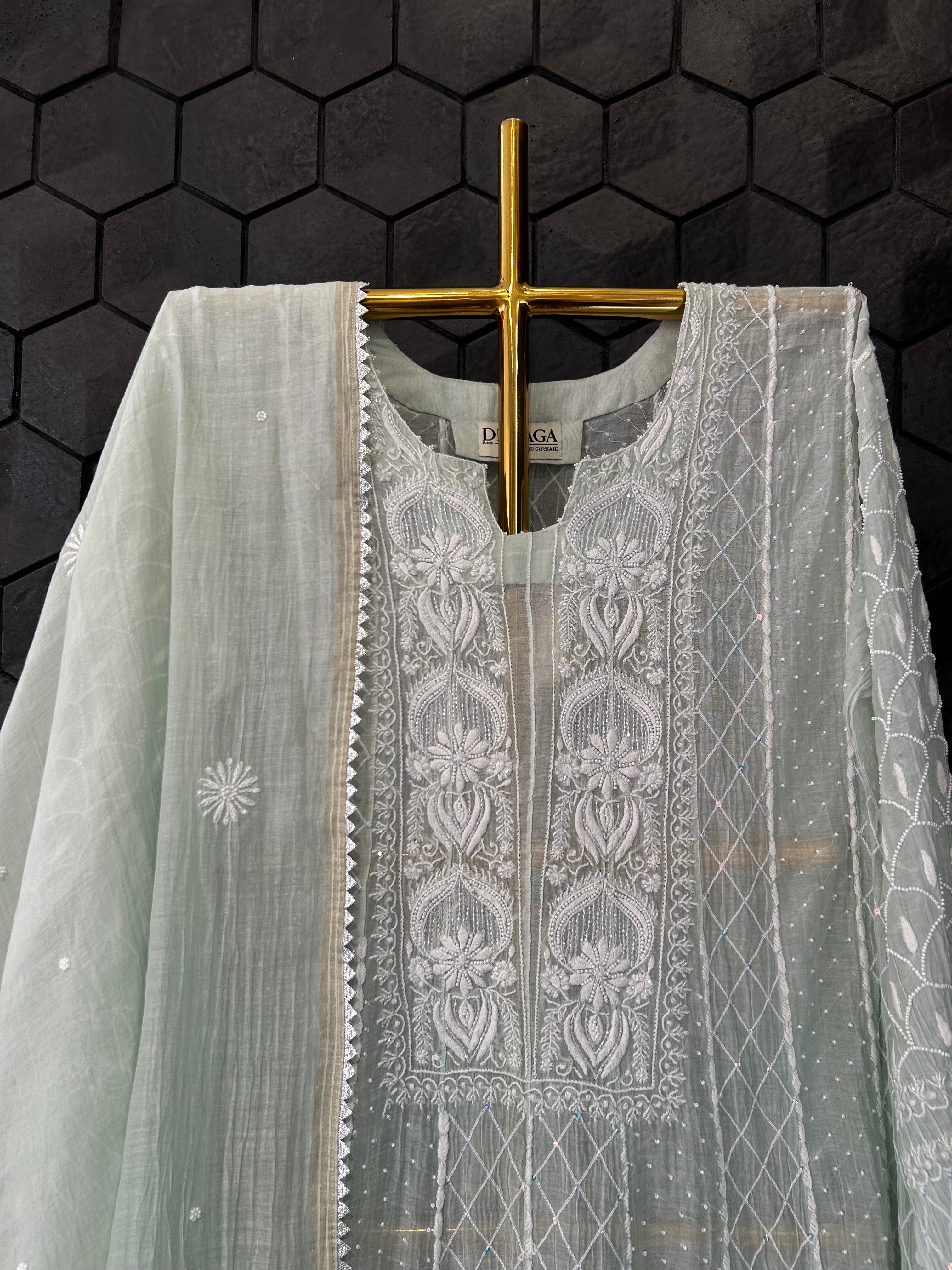 Sea Green mul chanderi chikankari anarkali set