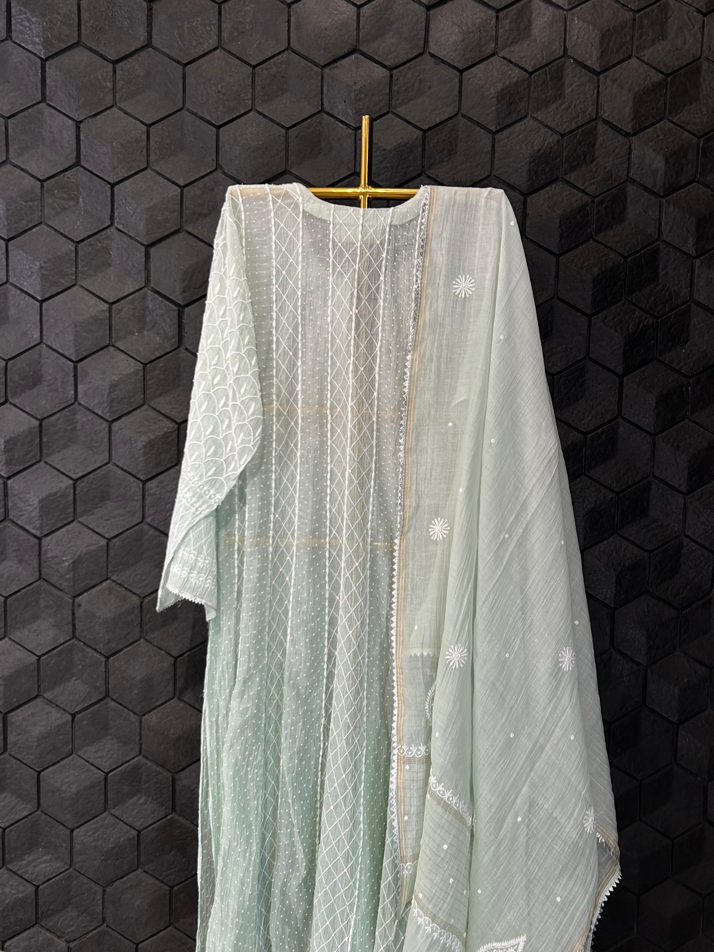 Sea Green mul chanderi chikankari anarkali set