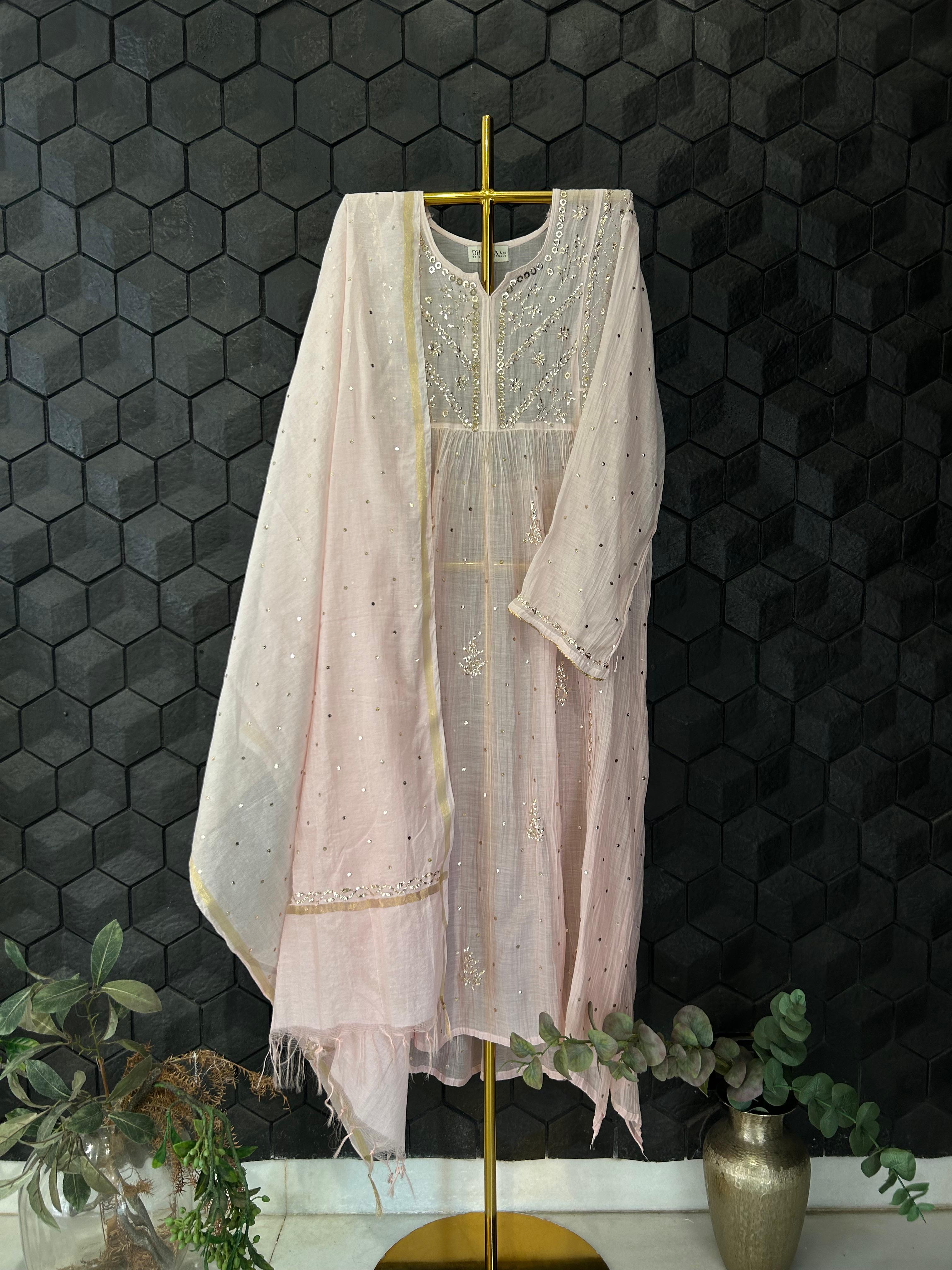 Pink Mul chanderi mukaish kurta set