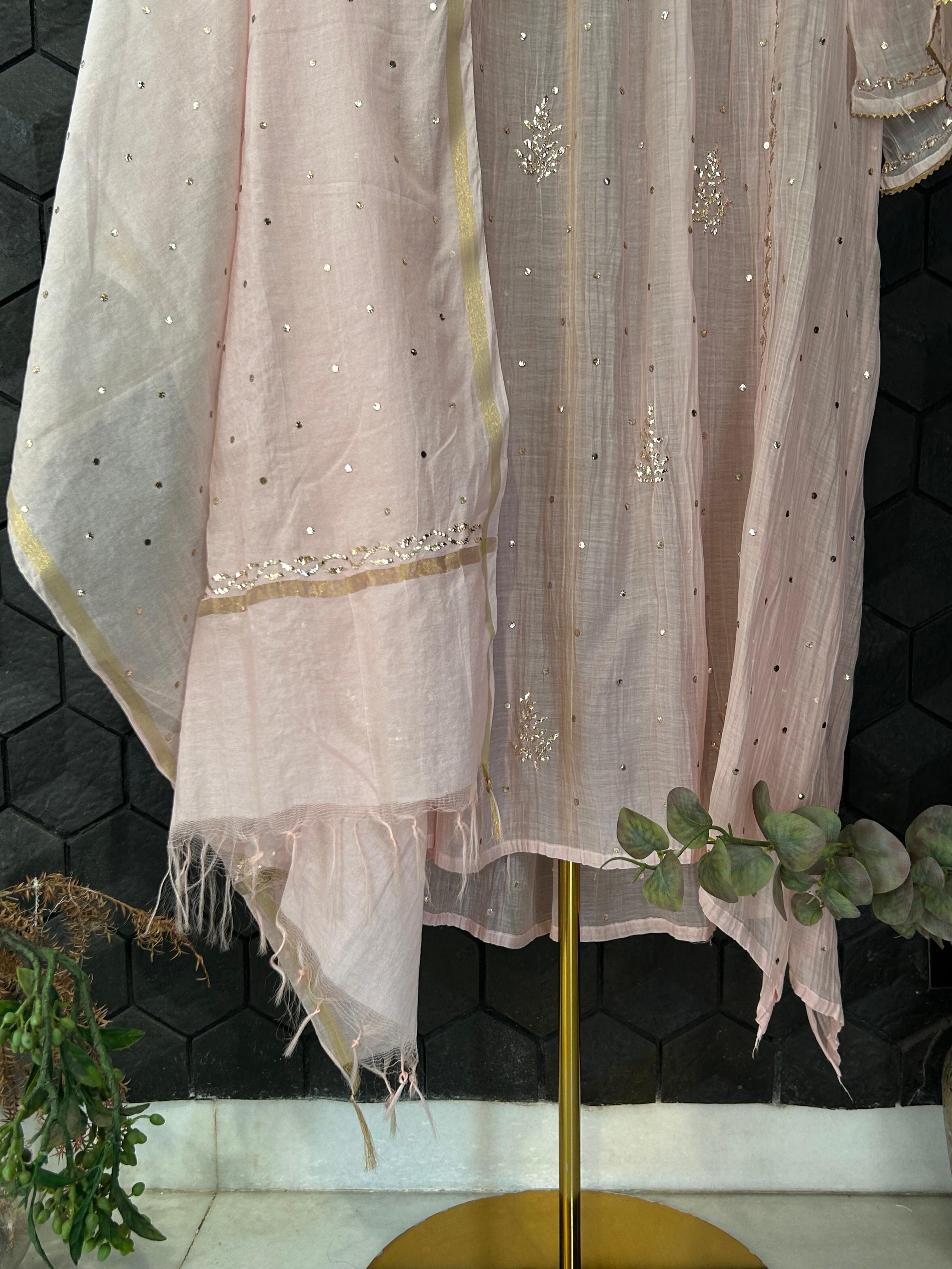 Pink Mul chanderi mukaish kurta set
