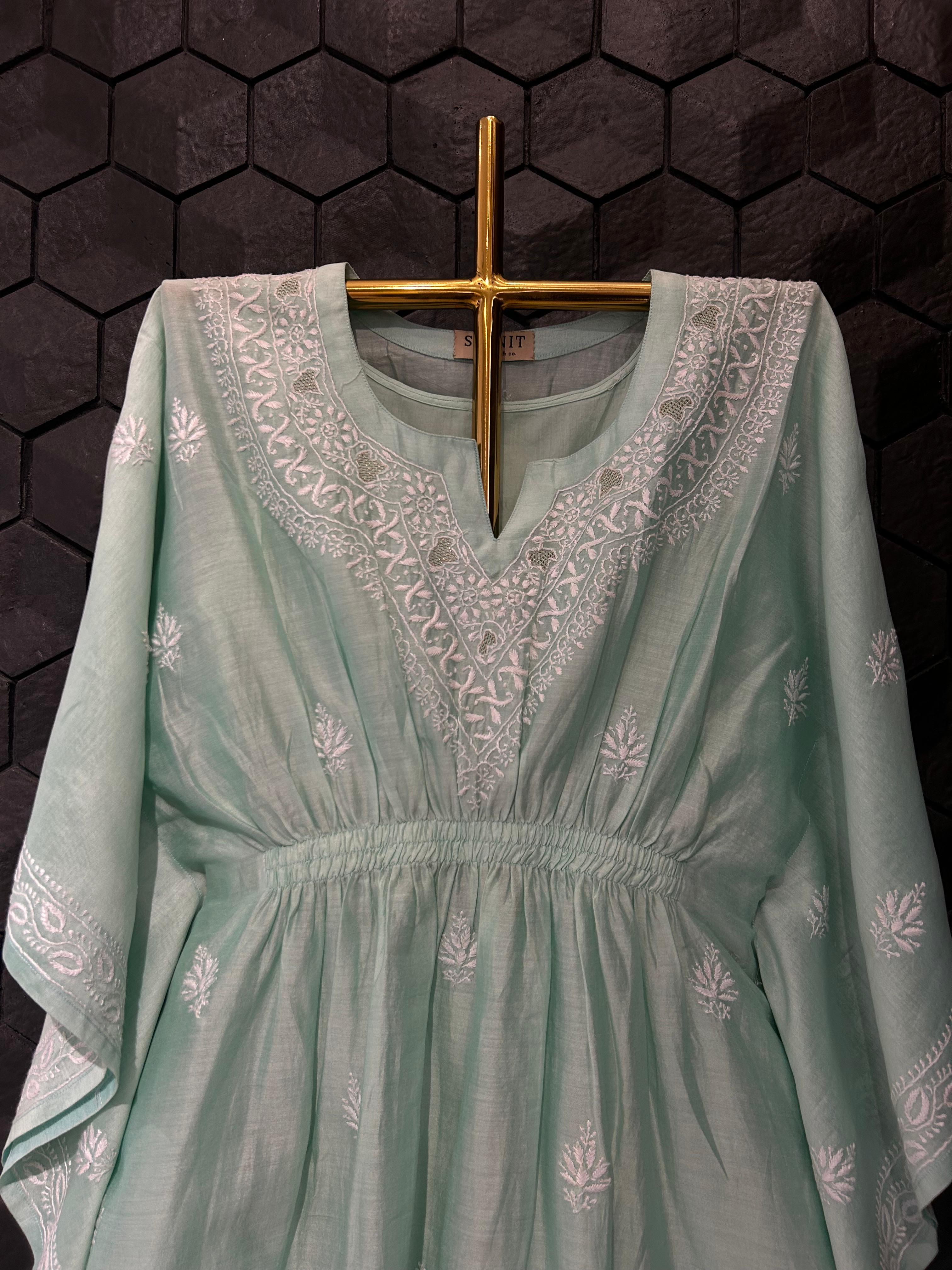 Green chanderi chikankari kaftan