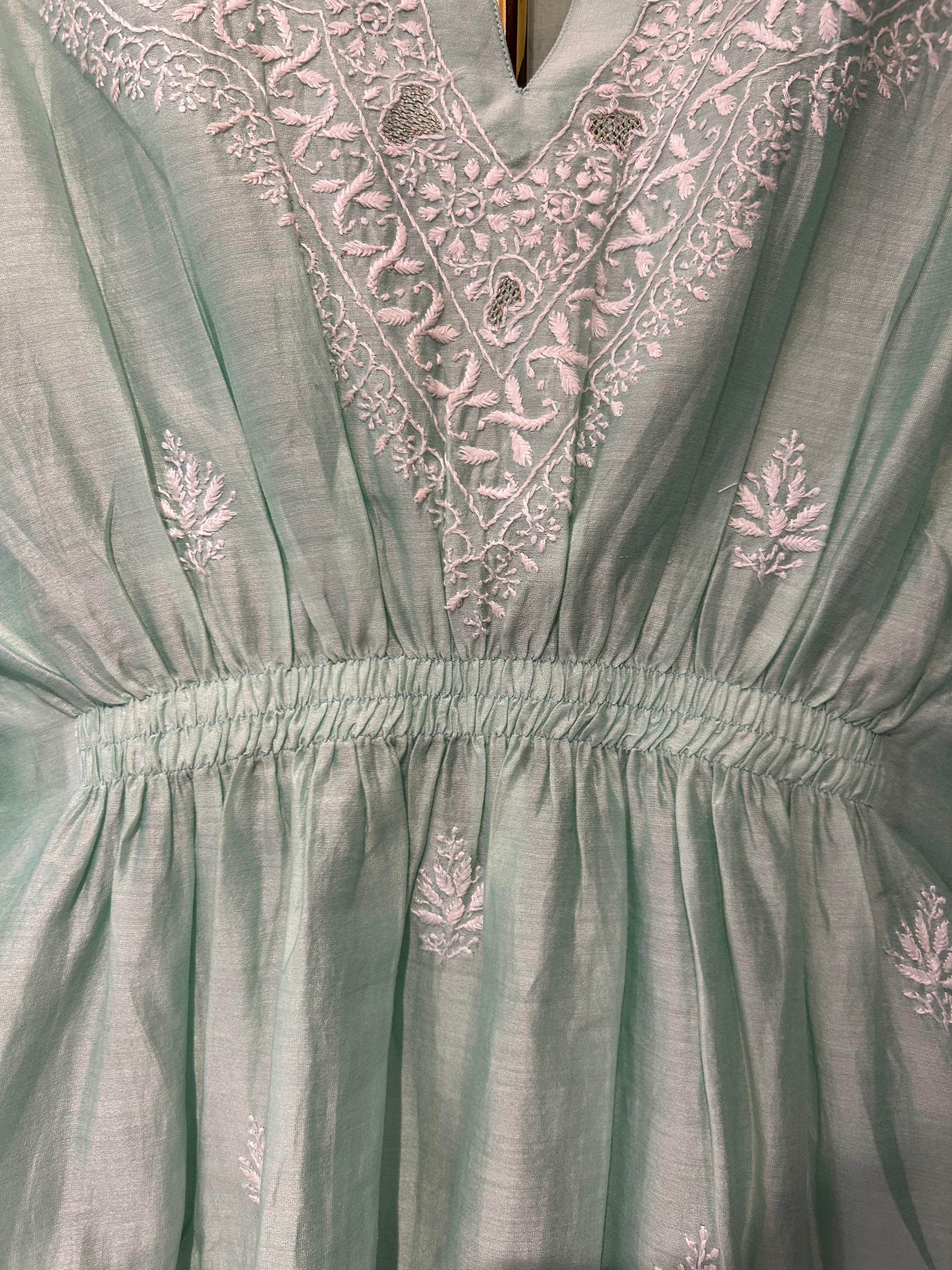 Green chanderi chikankari kaftan