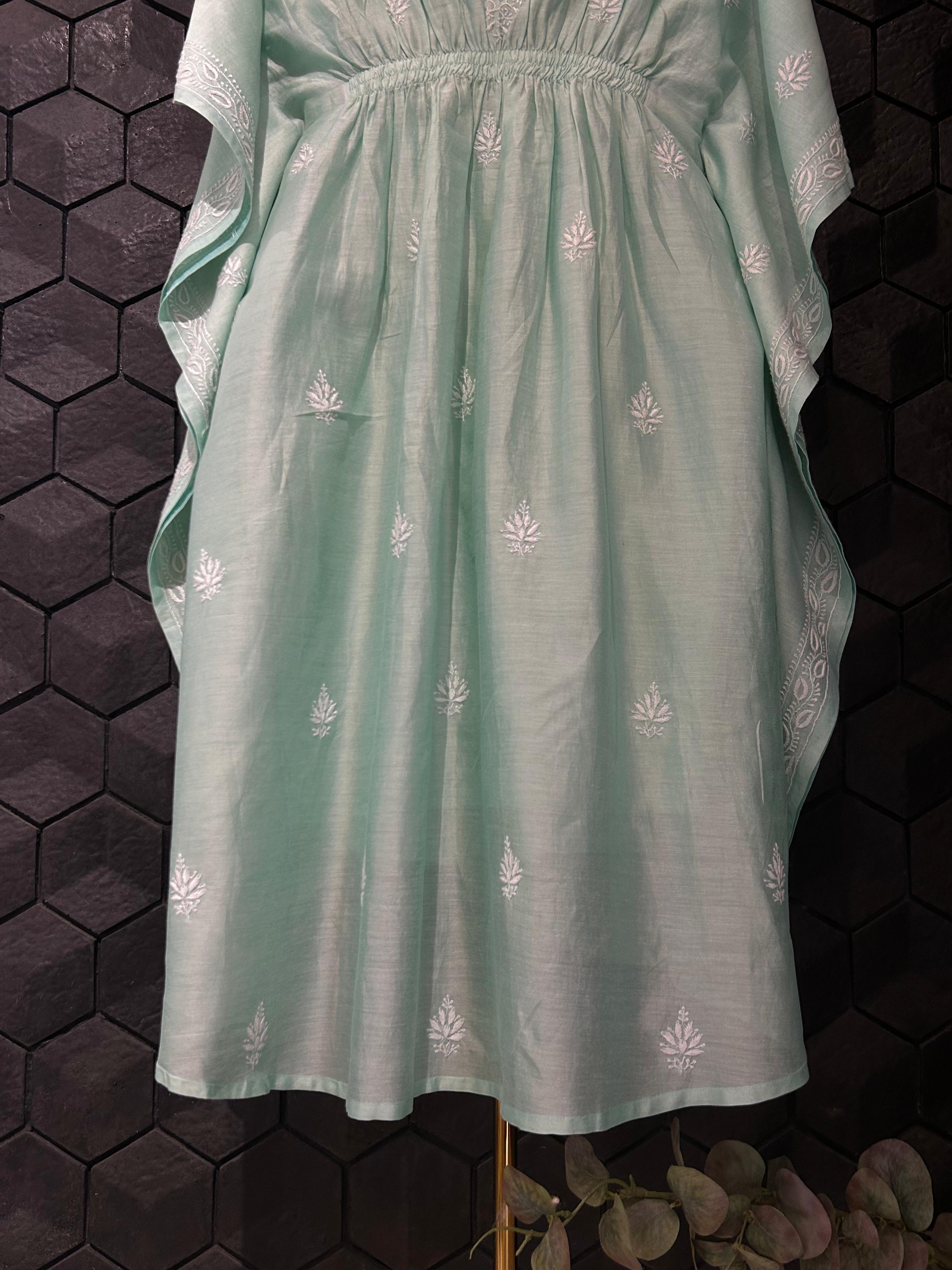 Green chanderi chikankari kaftan