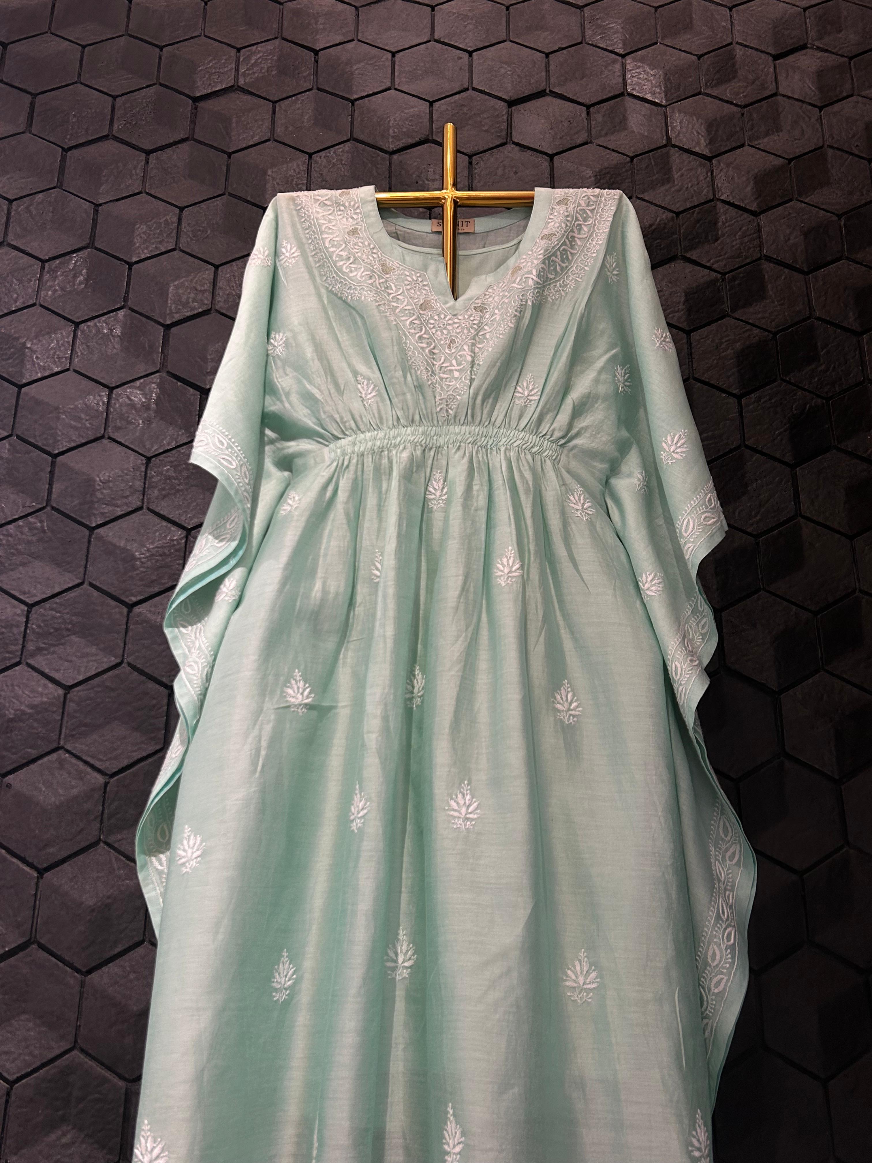 Green chanderi chikankari kaftan