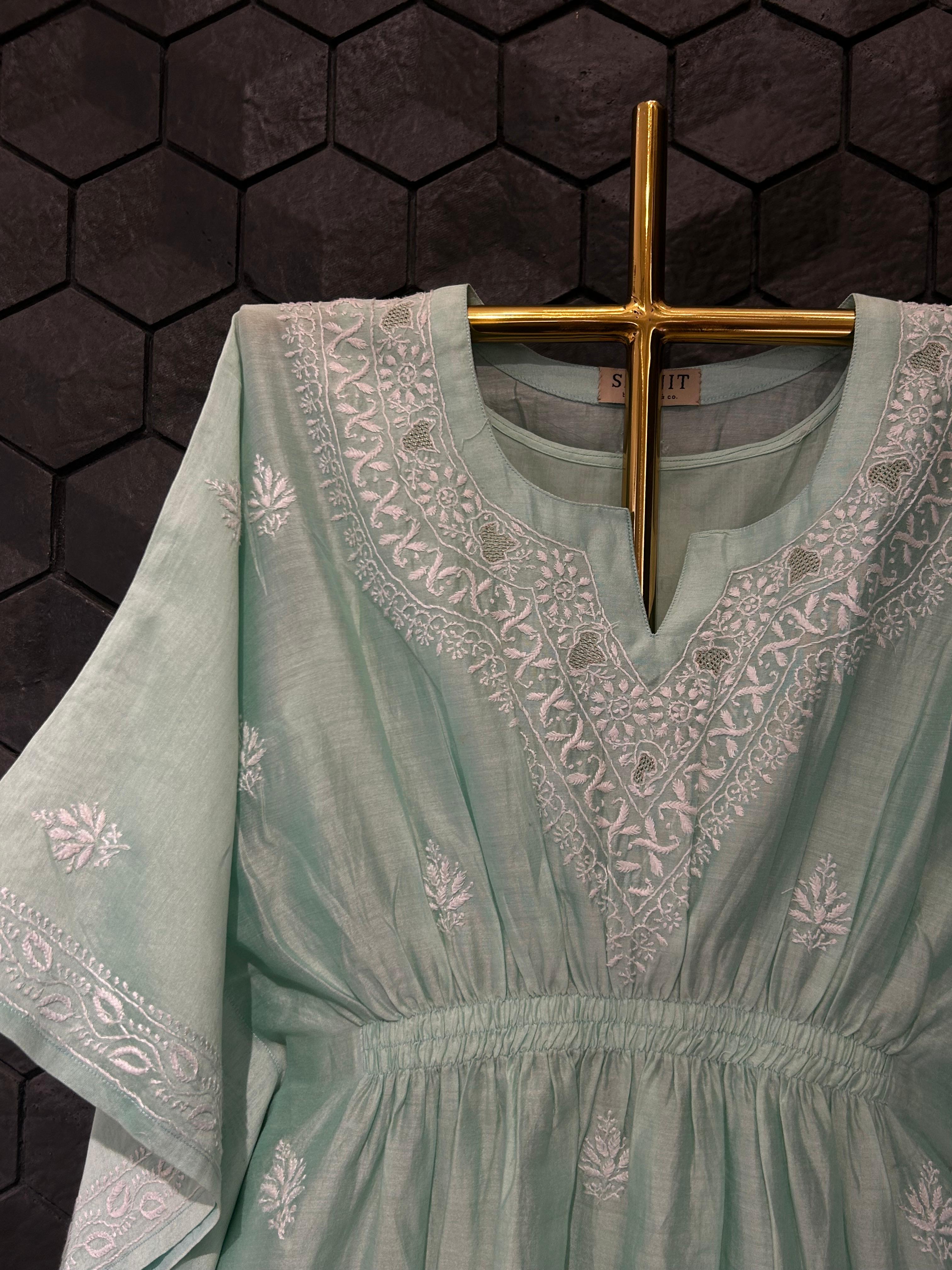 Green chanderi chikankari kaftan