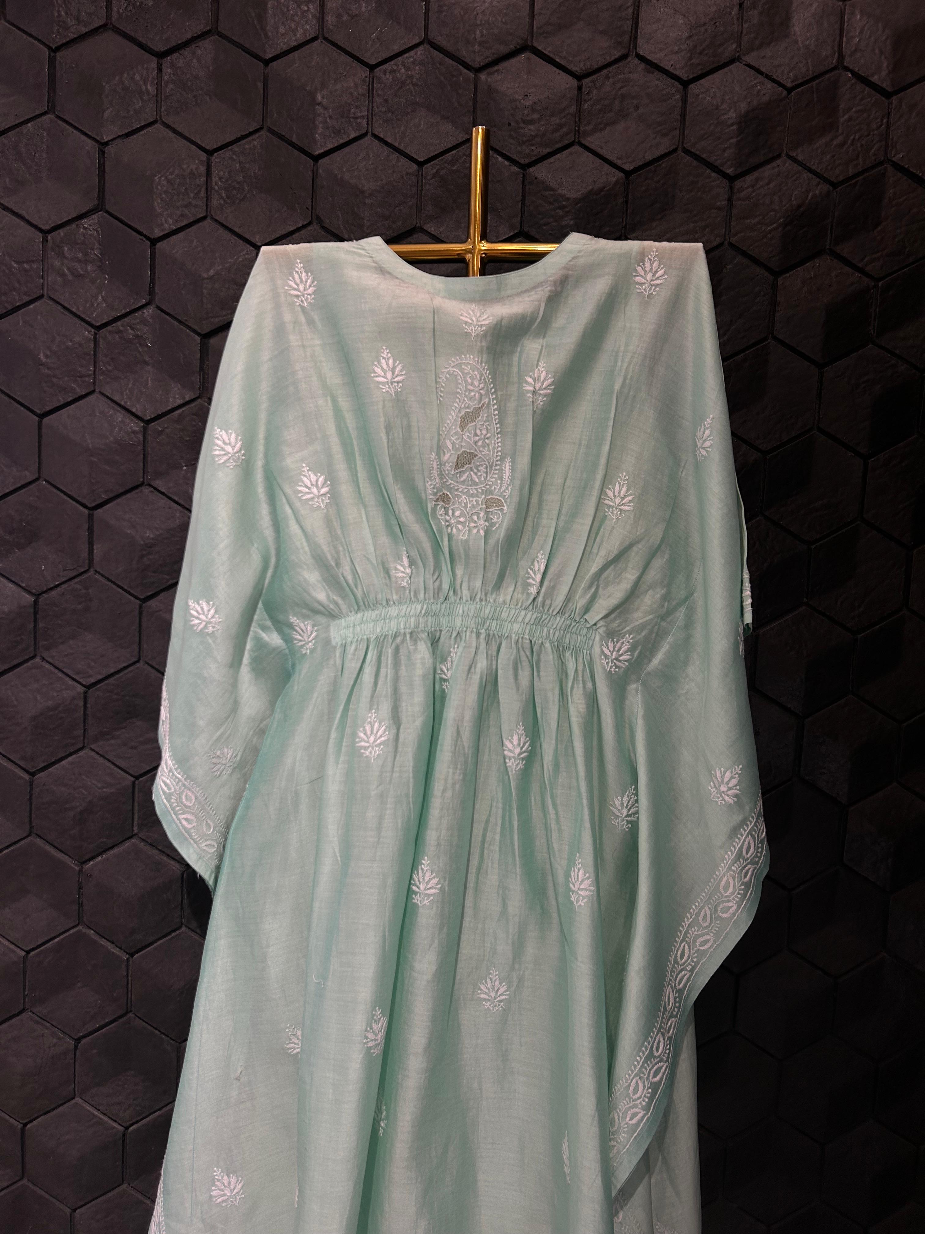 Green chanderi chikankari kaftan