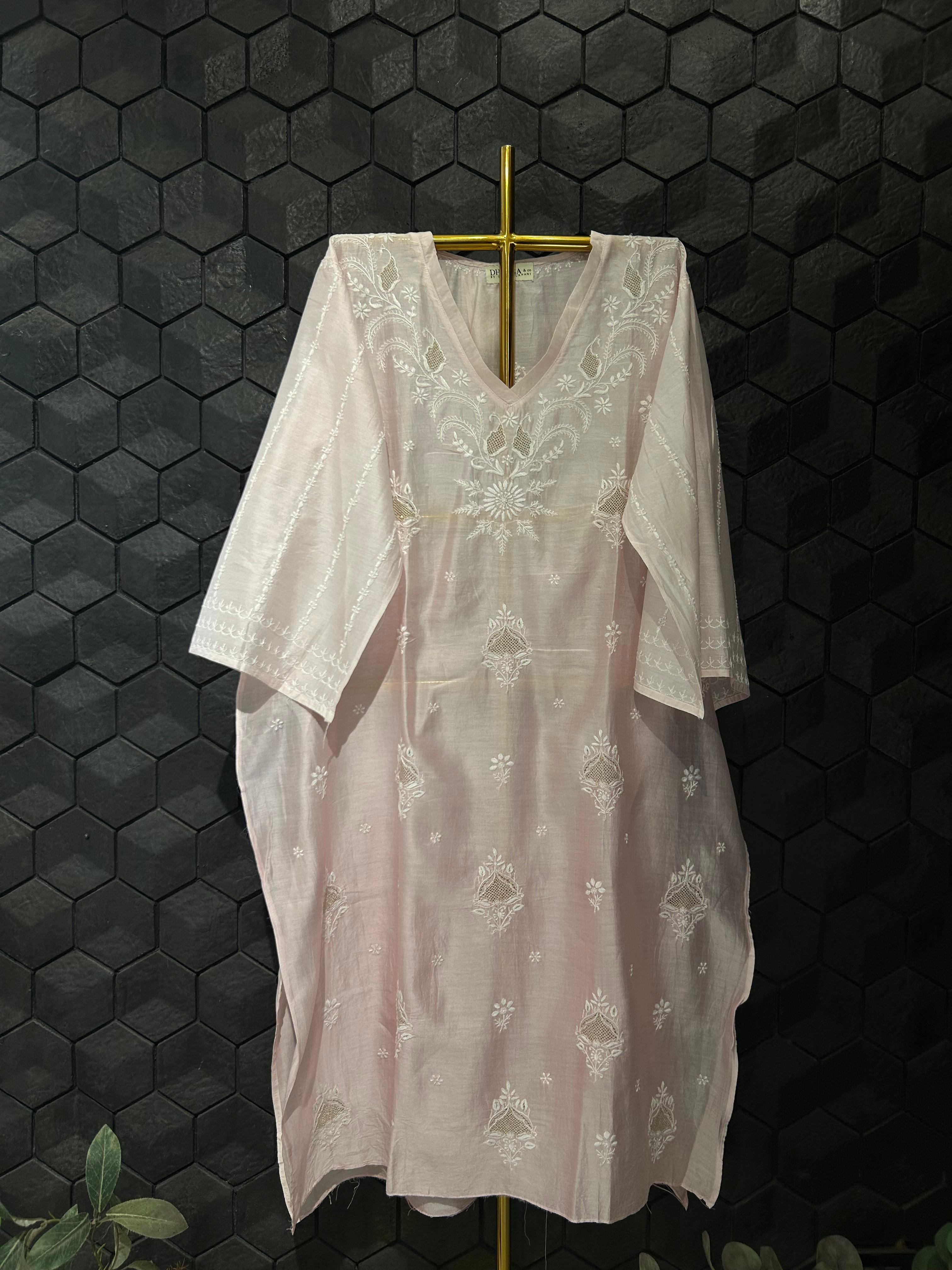 Pink mul chanderi chikankari co-ord set