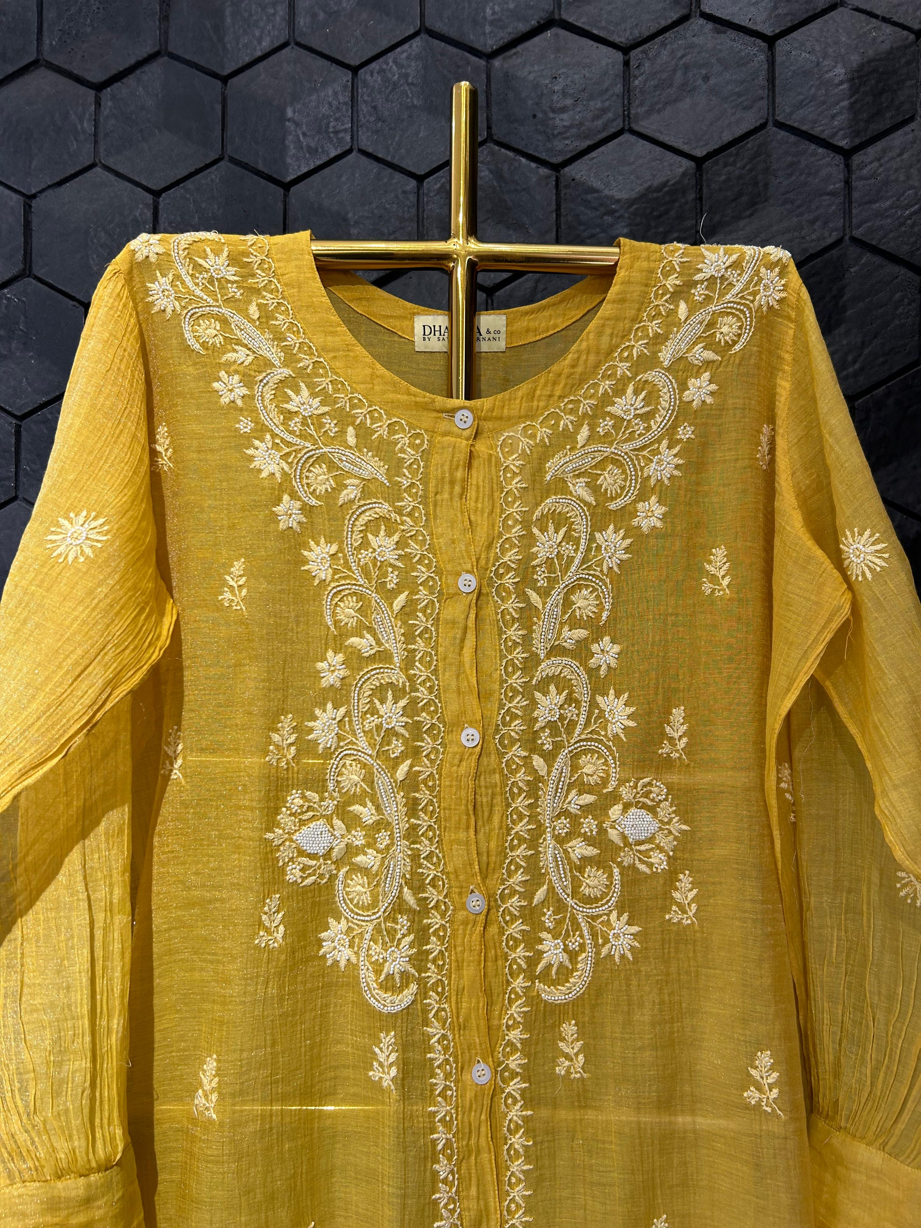 Mustard tissue chikankari co-ord set