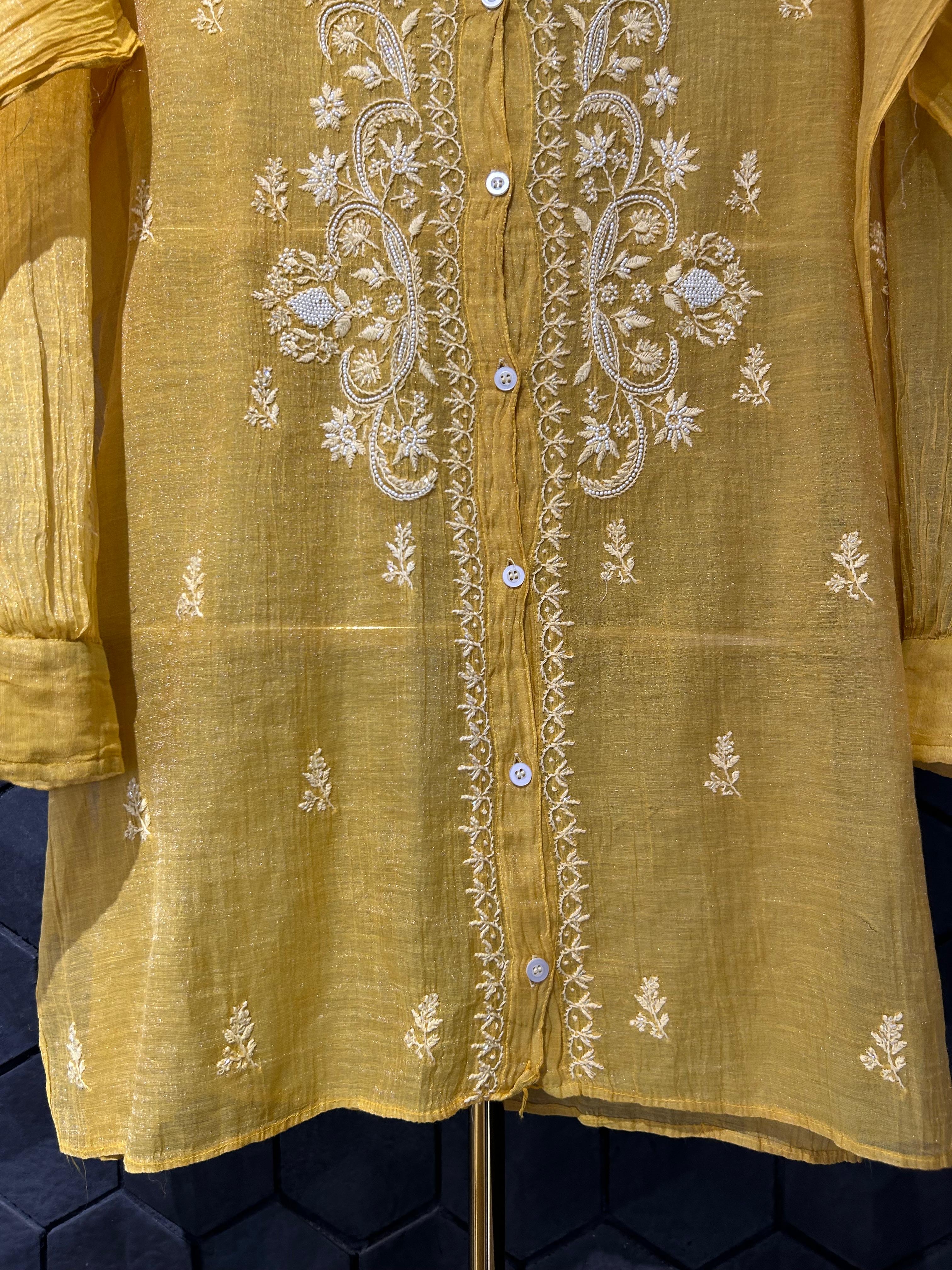 Mustard tissue chikankari co-ord set