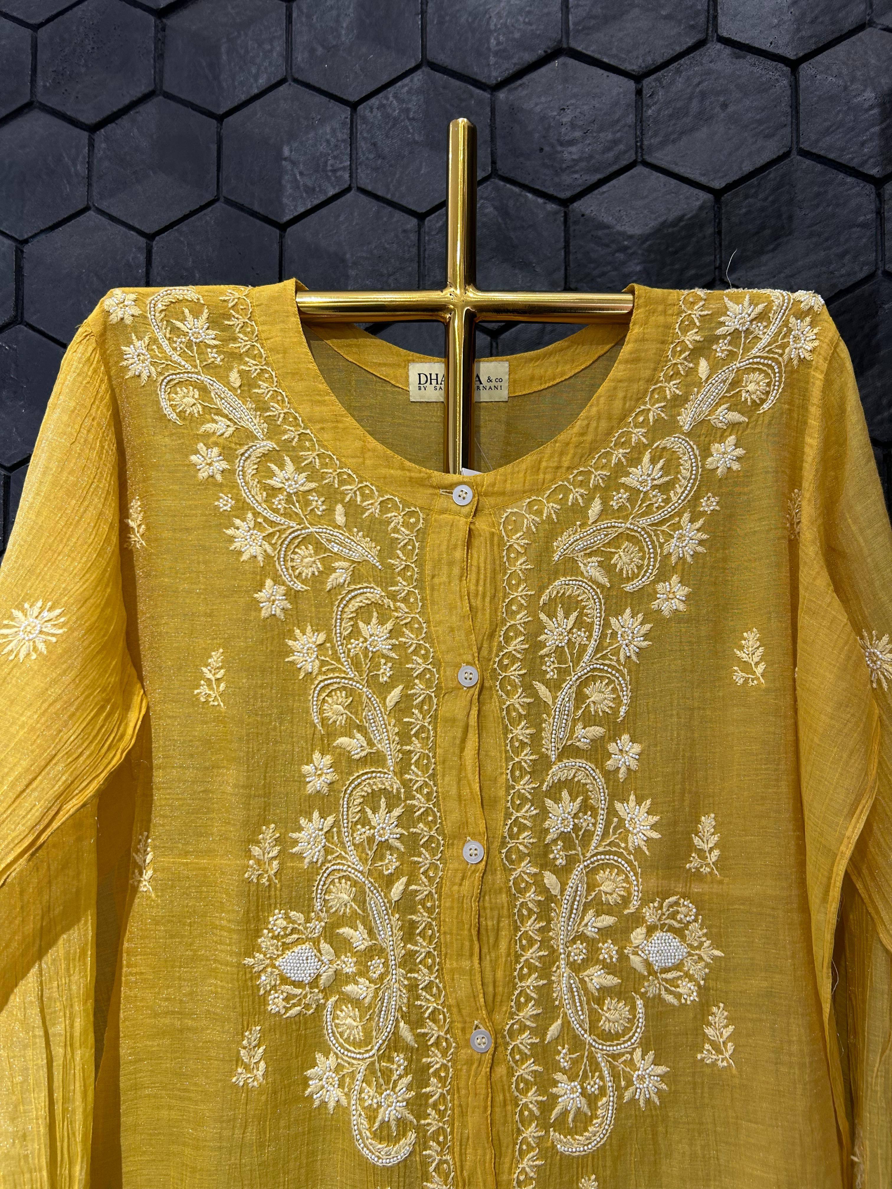 Mustard tissue chikankari co-ord set