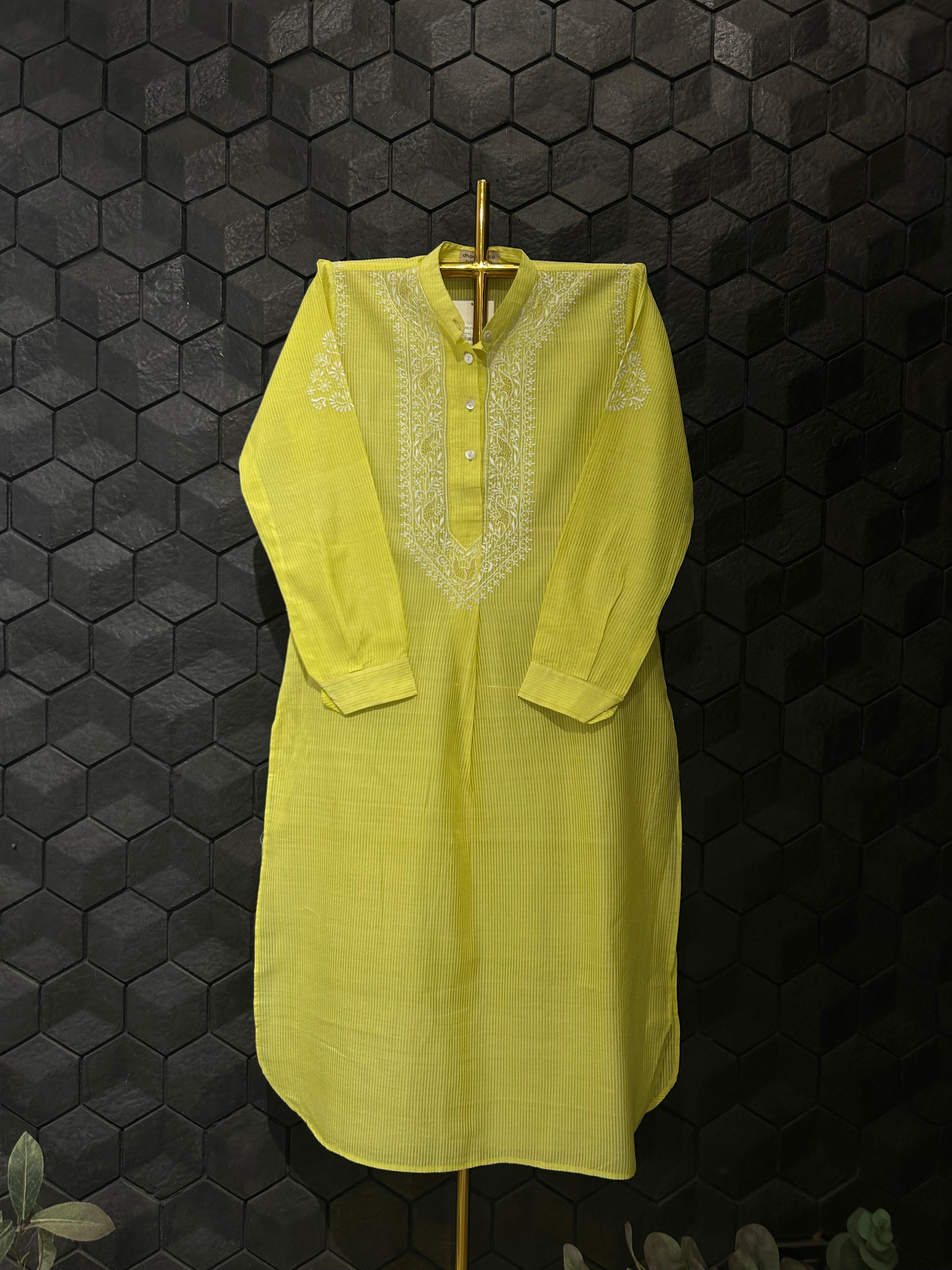 Lime Green chanderi chikankari long shirt