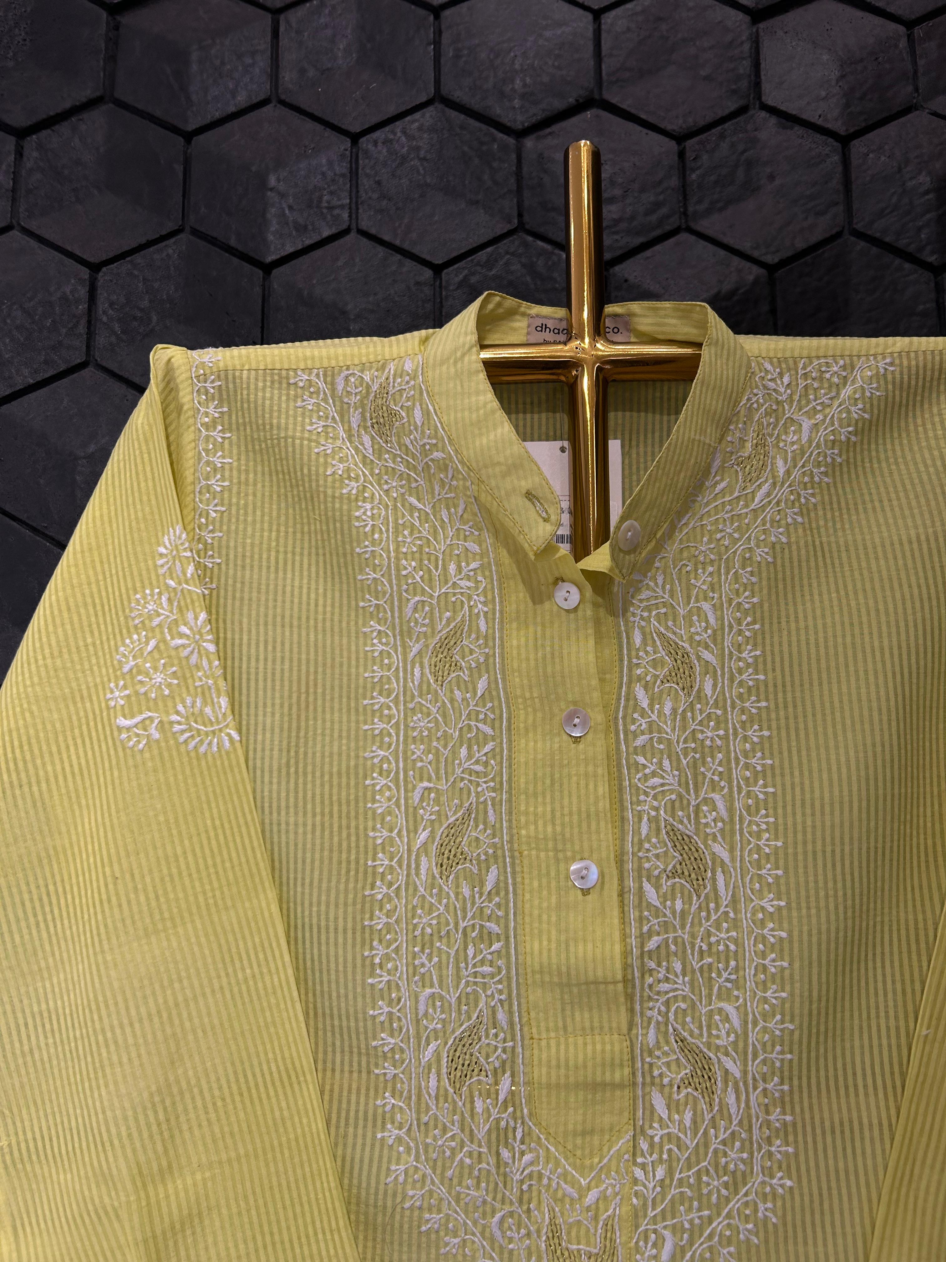 Lime Green chanderi chikankari long shirt