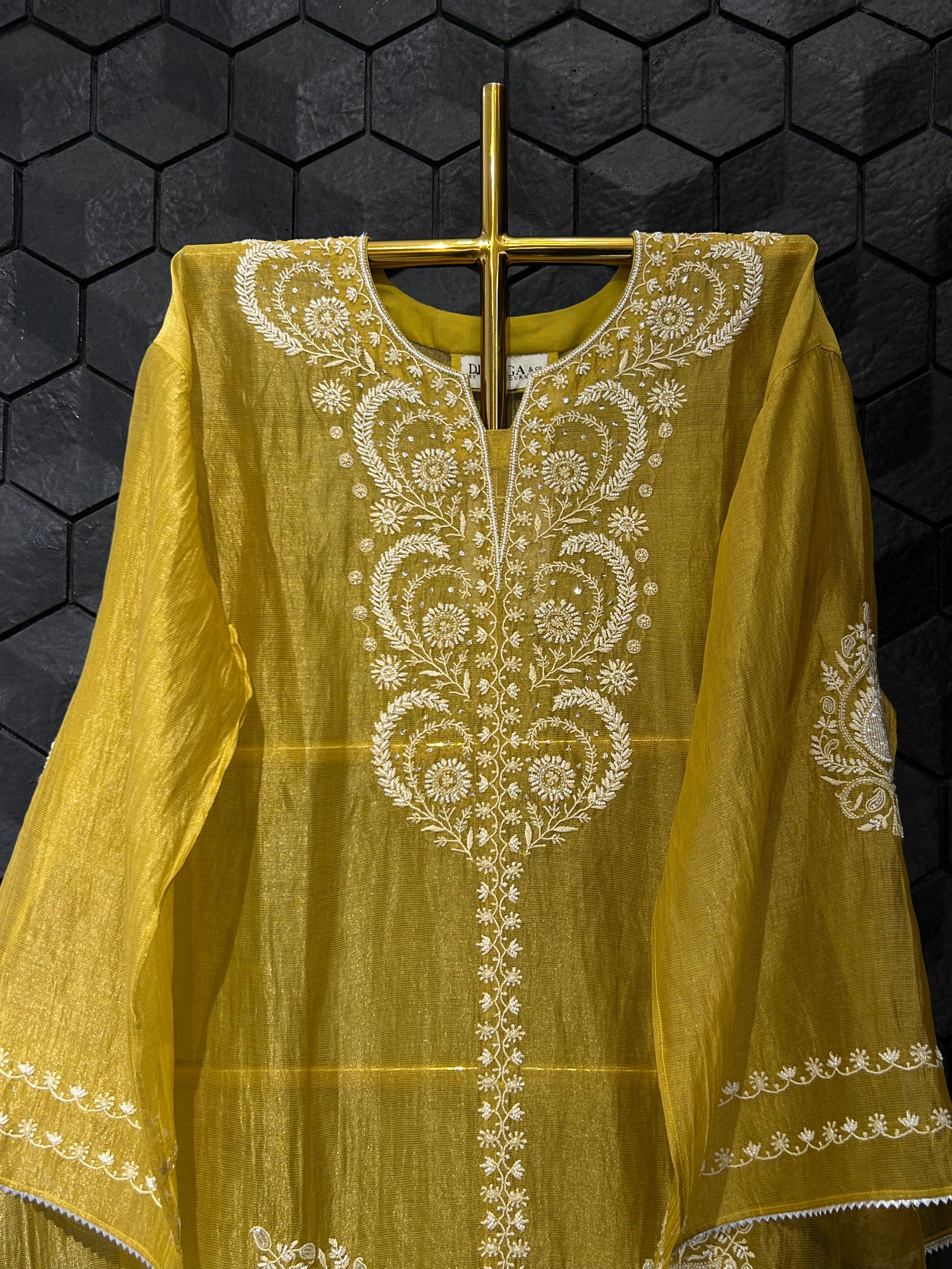 lime green stripe tissue chikankari co-ord set