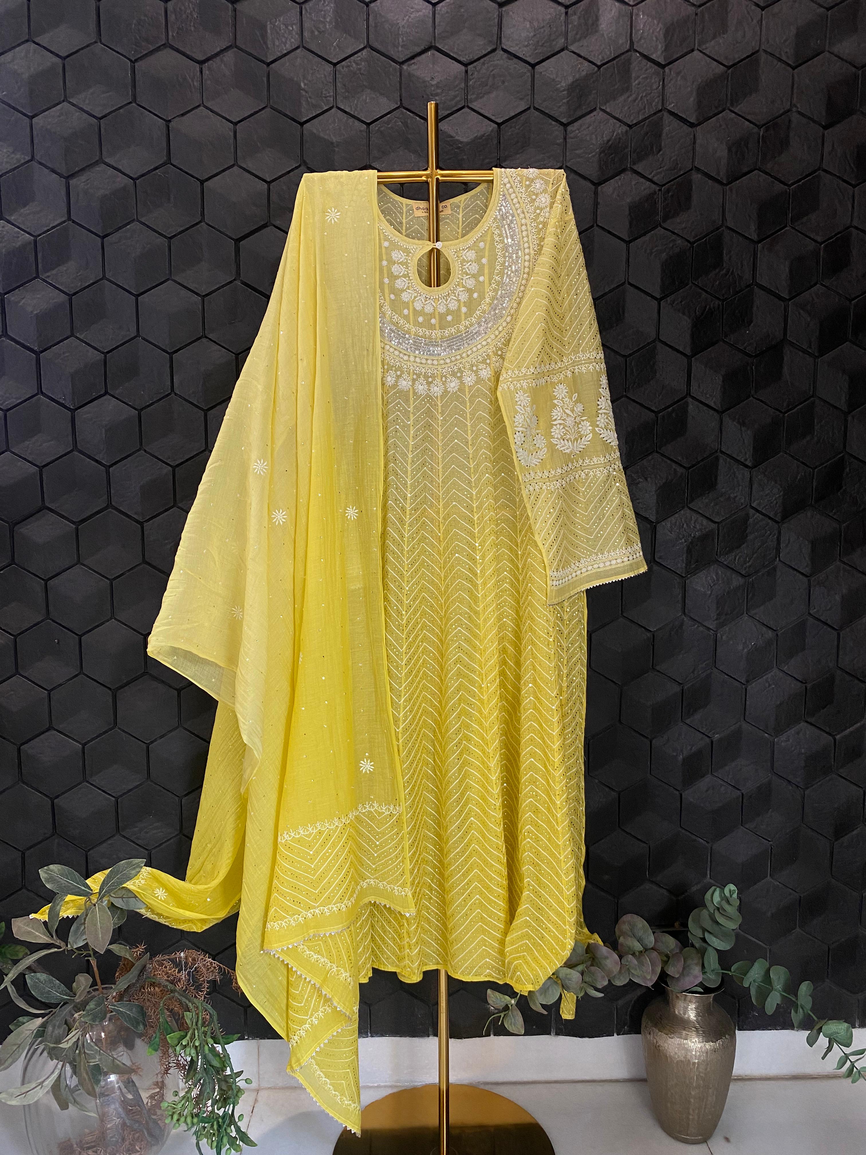 Yellow mul chanderi chikankari anarkali set