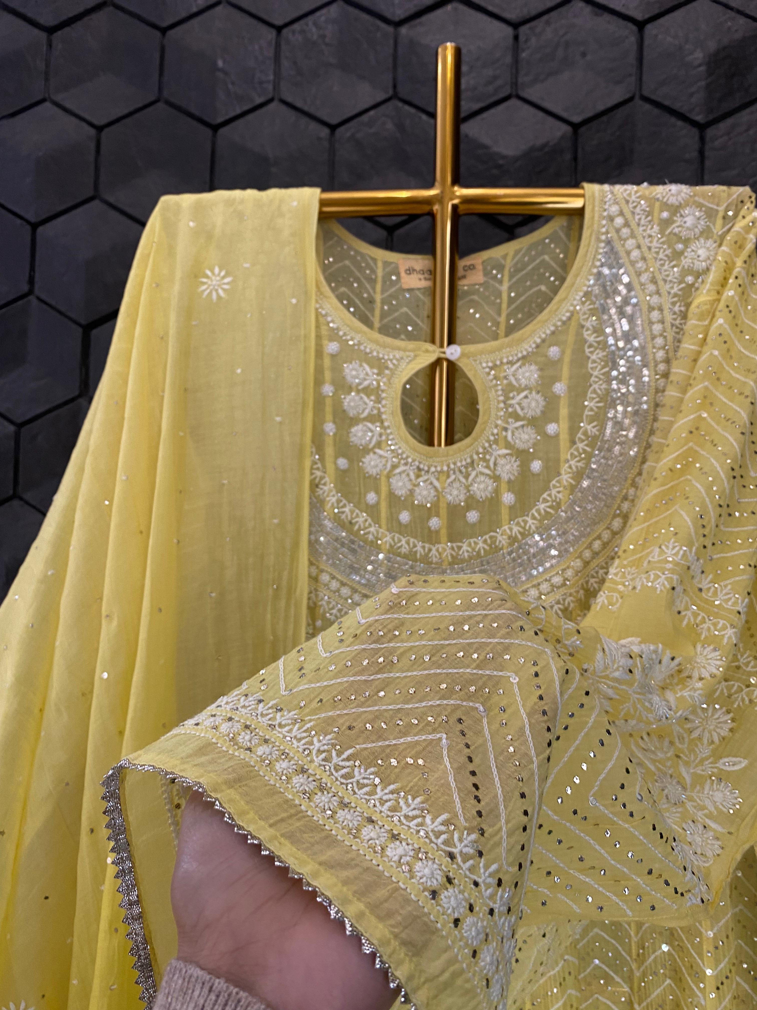 Yellow mul chanderi chikankari anarkali set