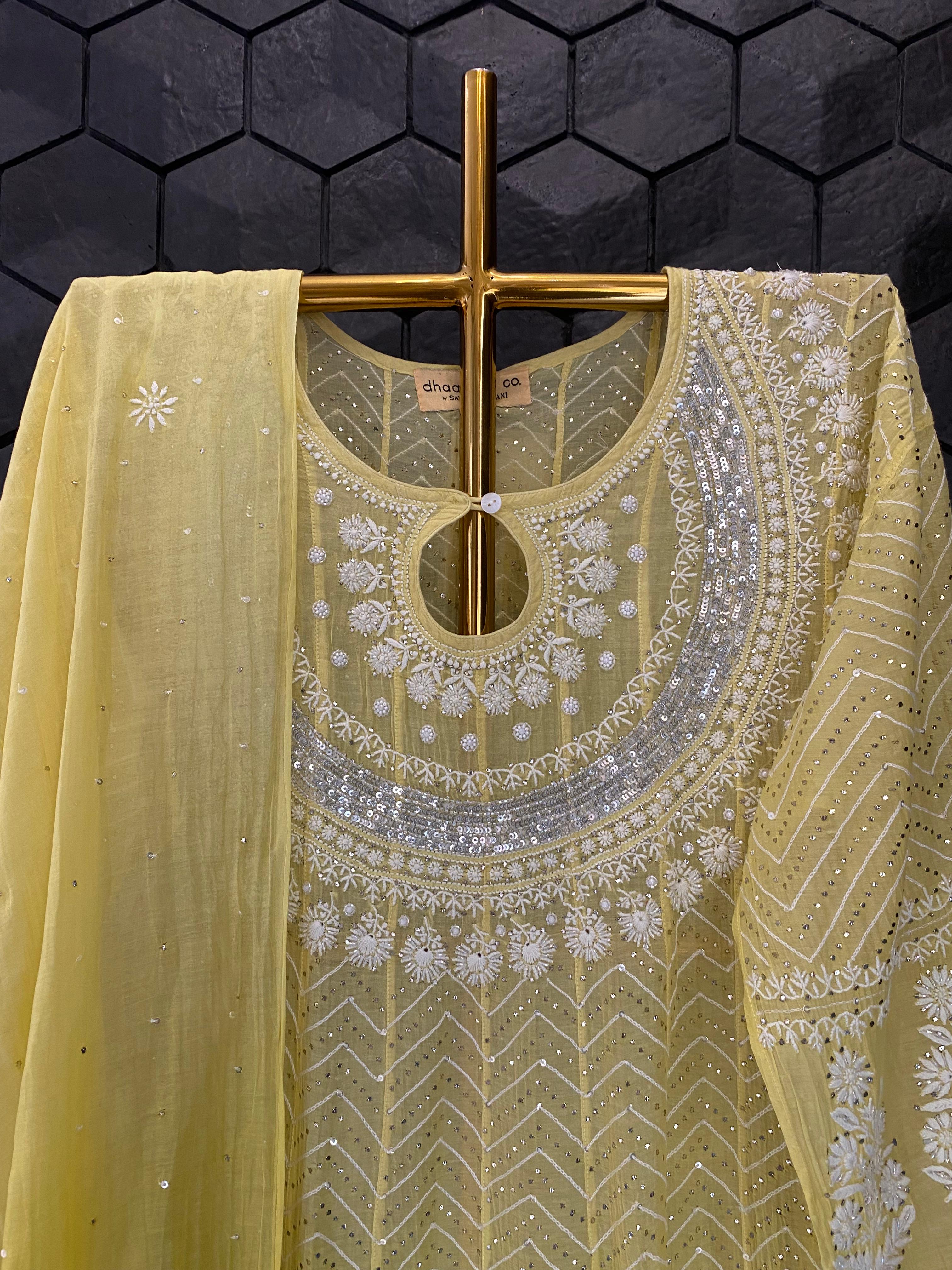Yellow mul chanderi chikankari anarkali set