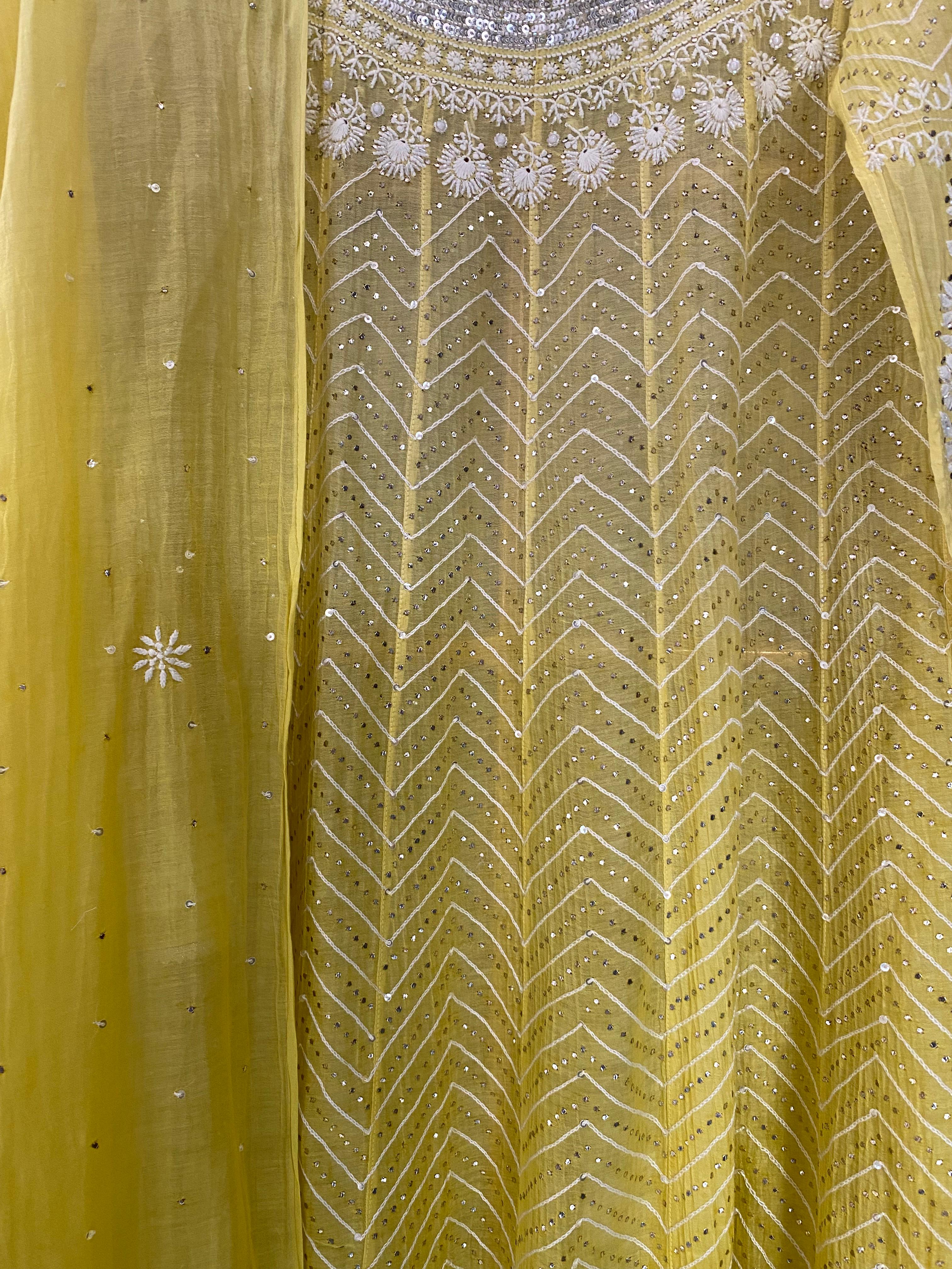 Yellow mul chanderi chikankari anarkali set