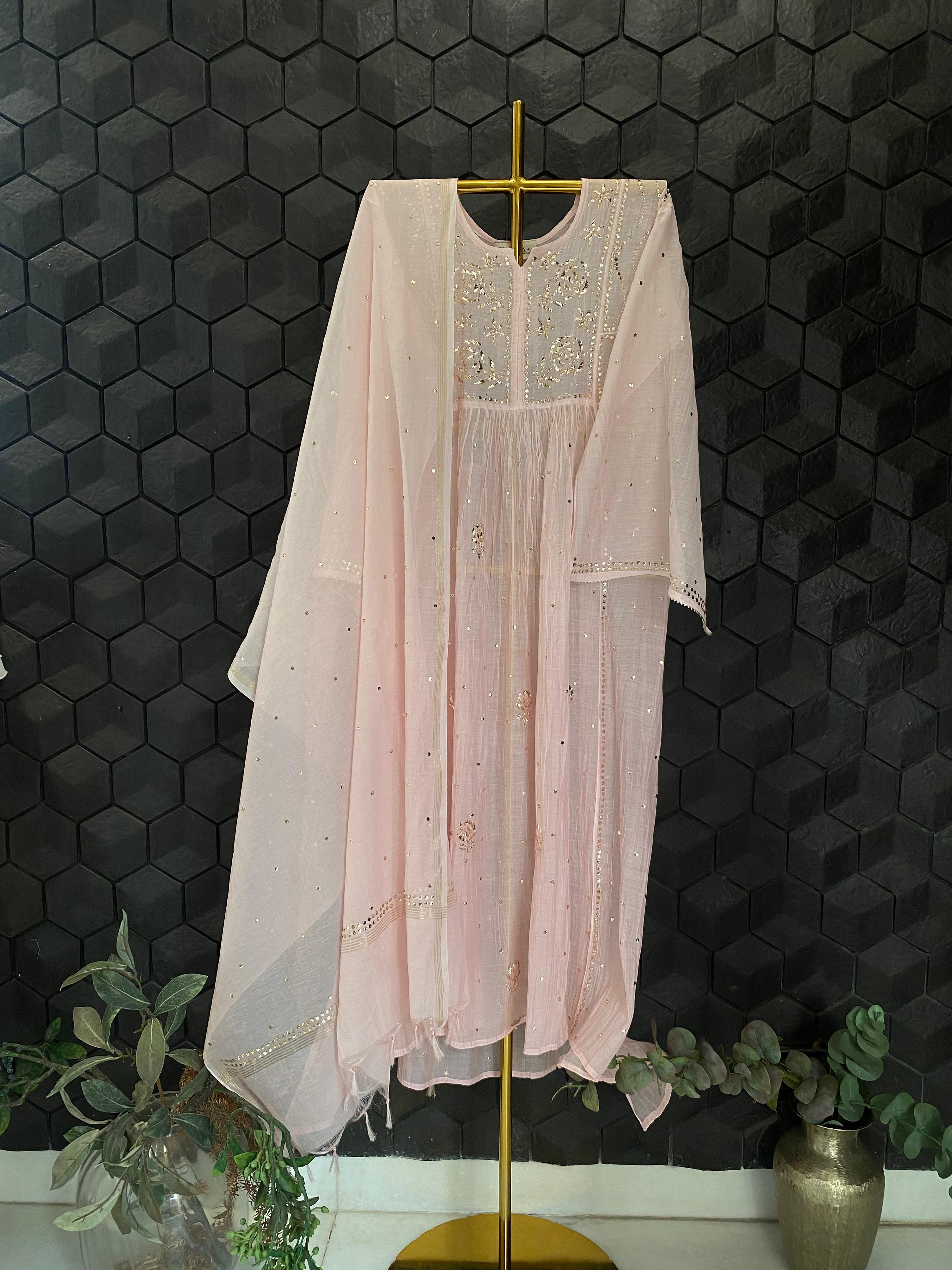 Pink Mul Chanderi mukaish kurta set