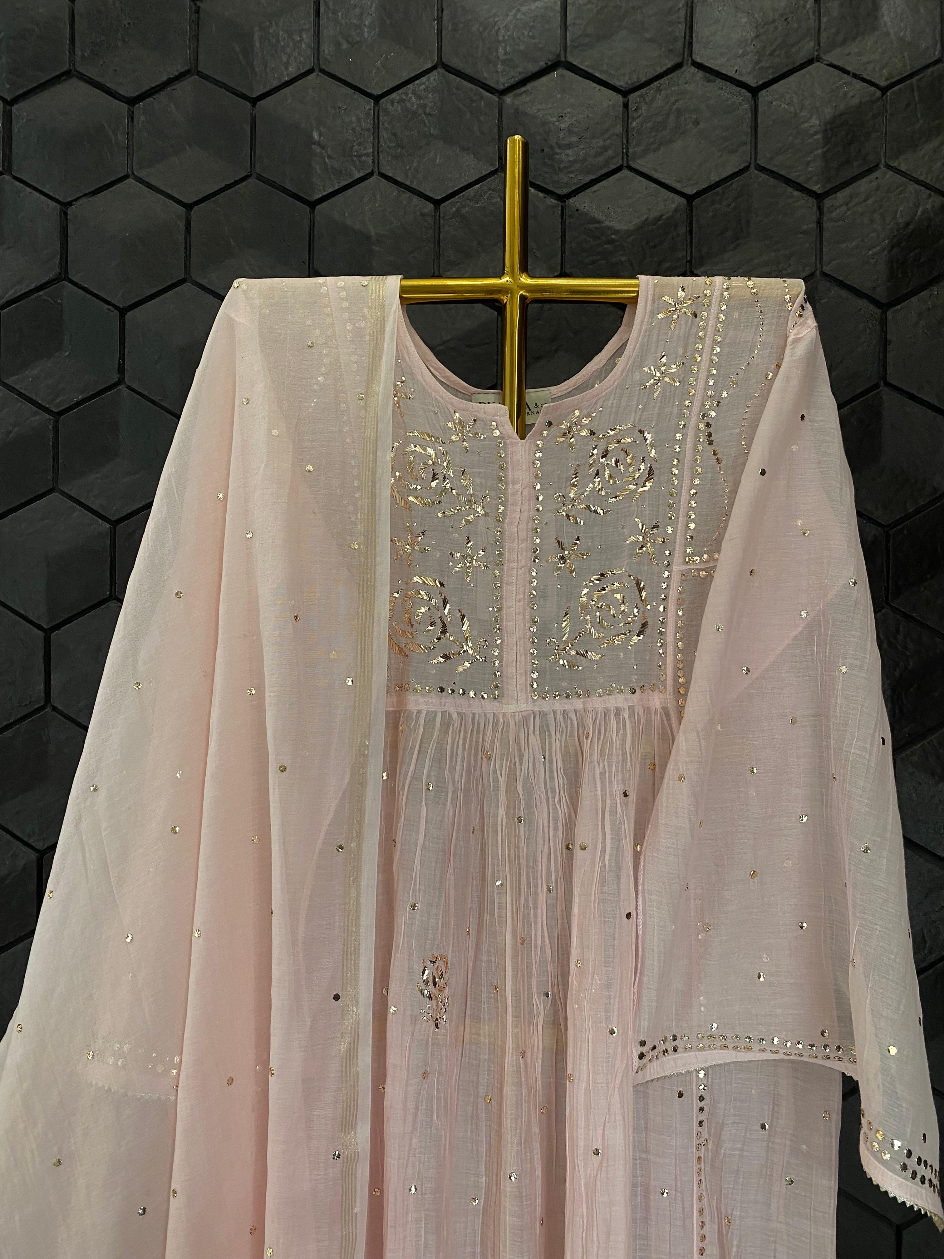 Pink Mul Chanderi mukaish kurta set
