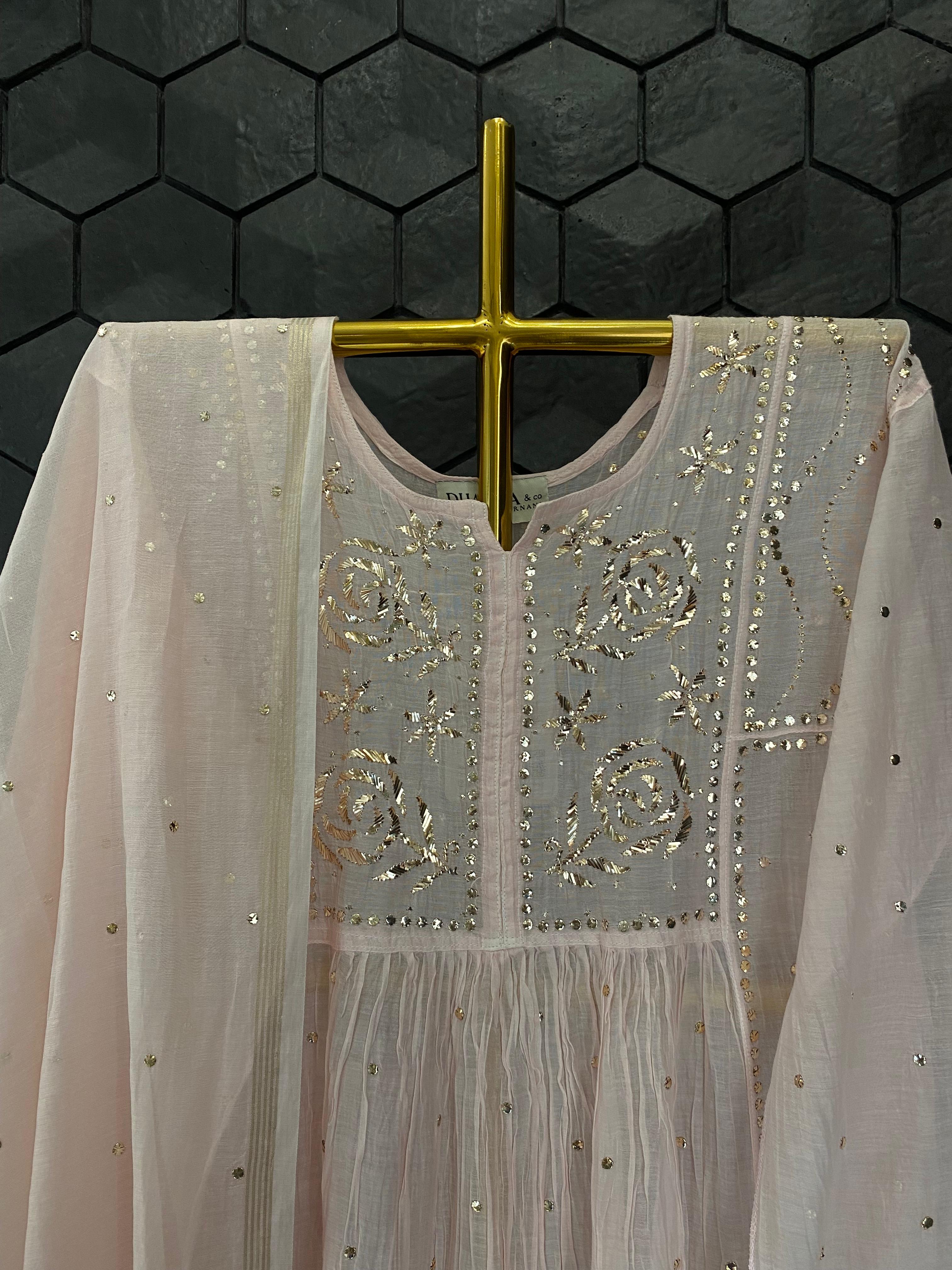 Pink Mul Chanderi mukaish kurta set