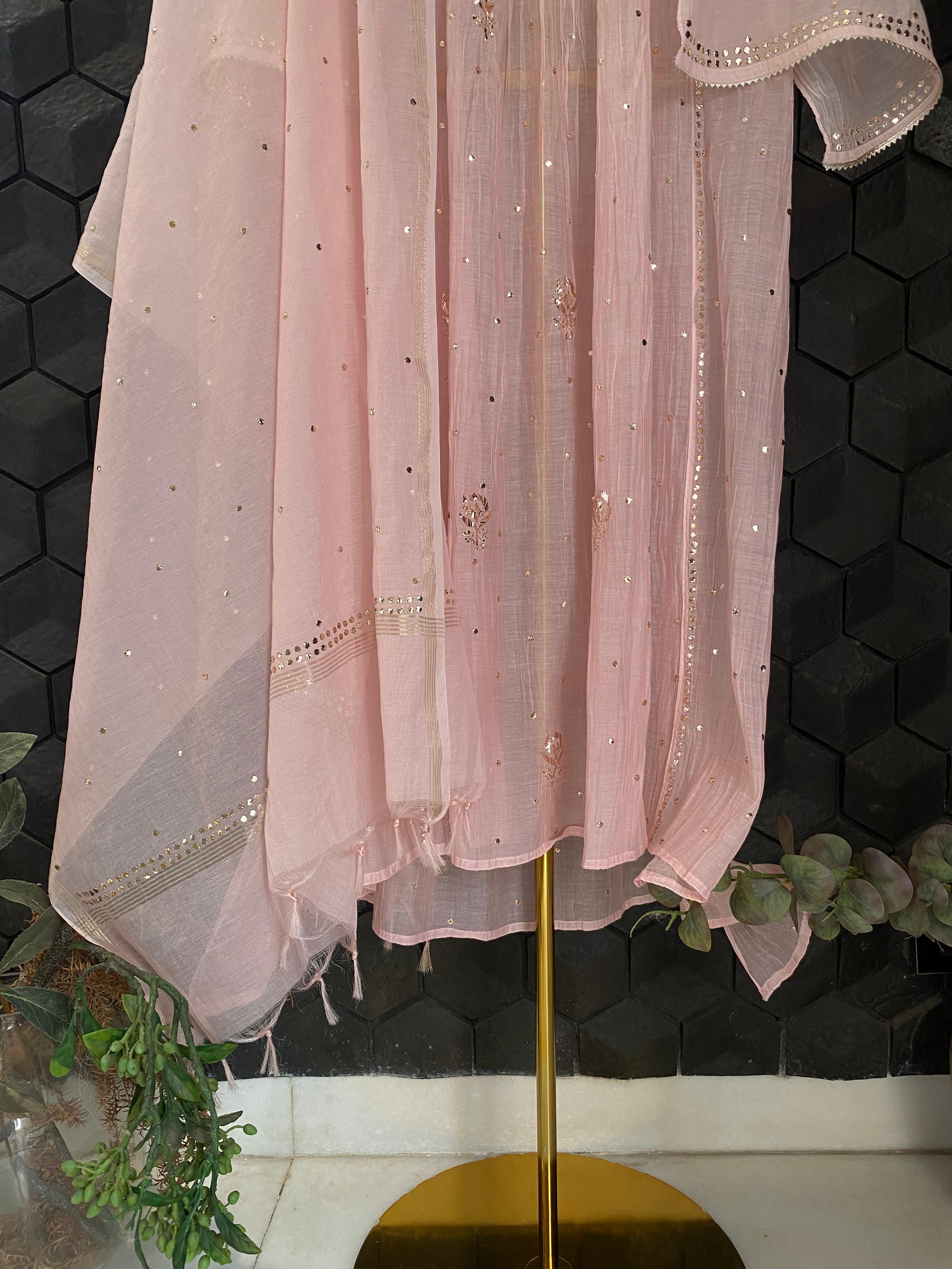 Pink Mul Chanderi mukaish kurta set