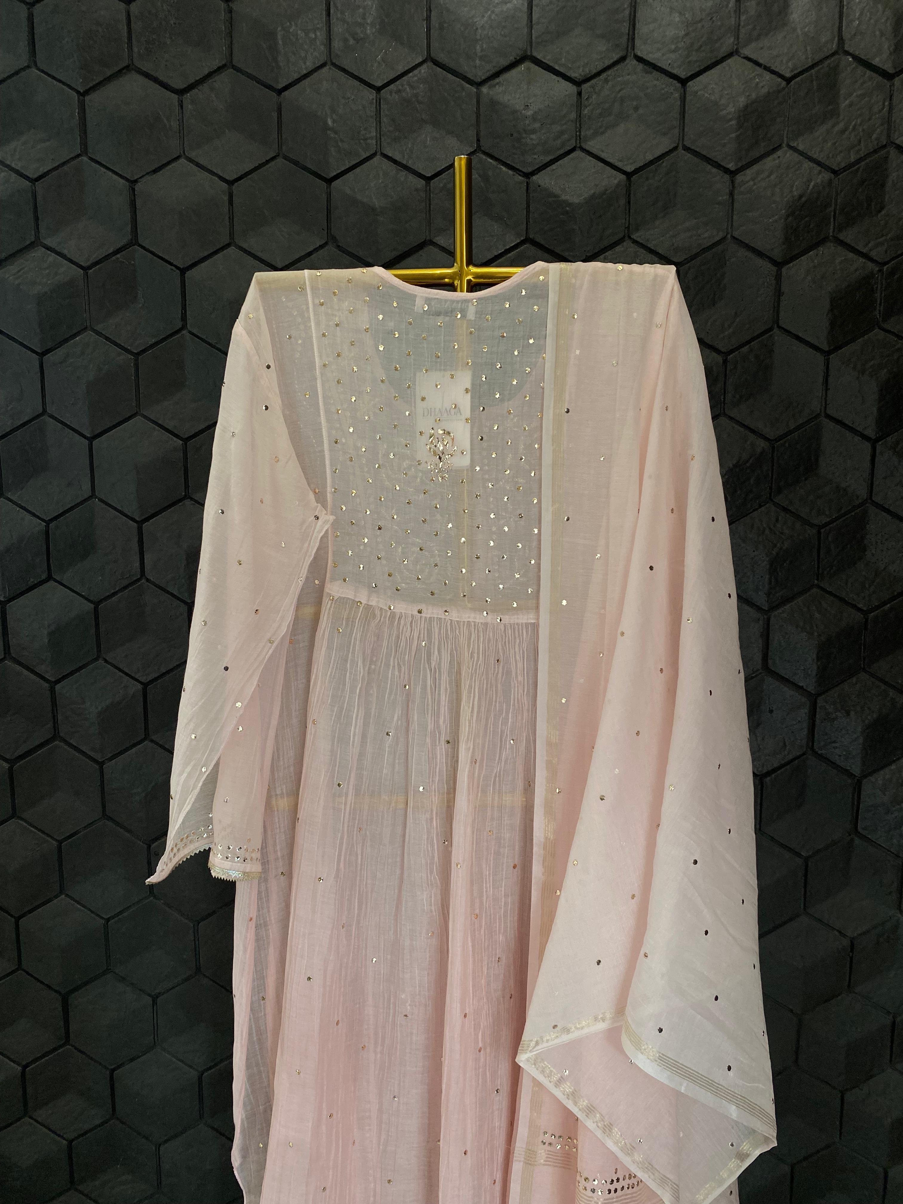 Pink Mul Chanderi mukaish kurta set