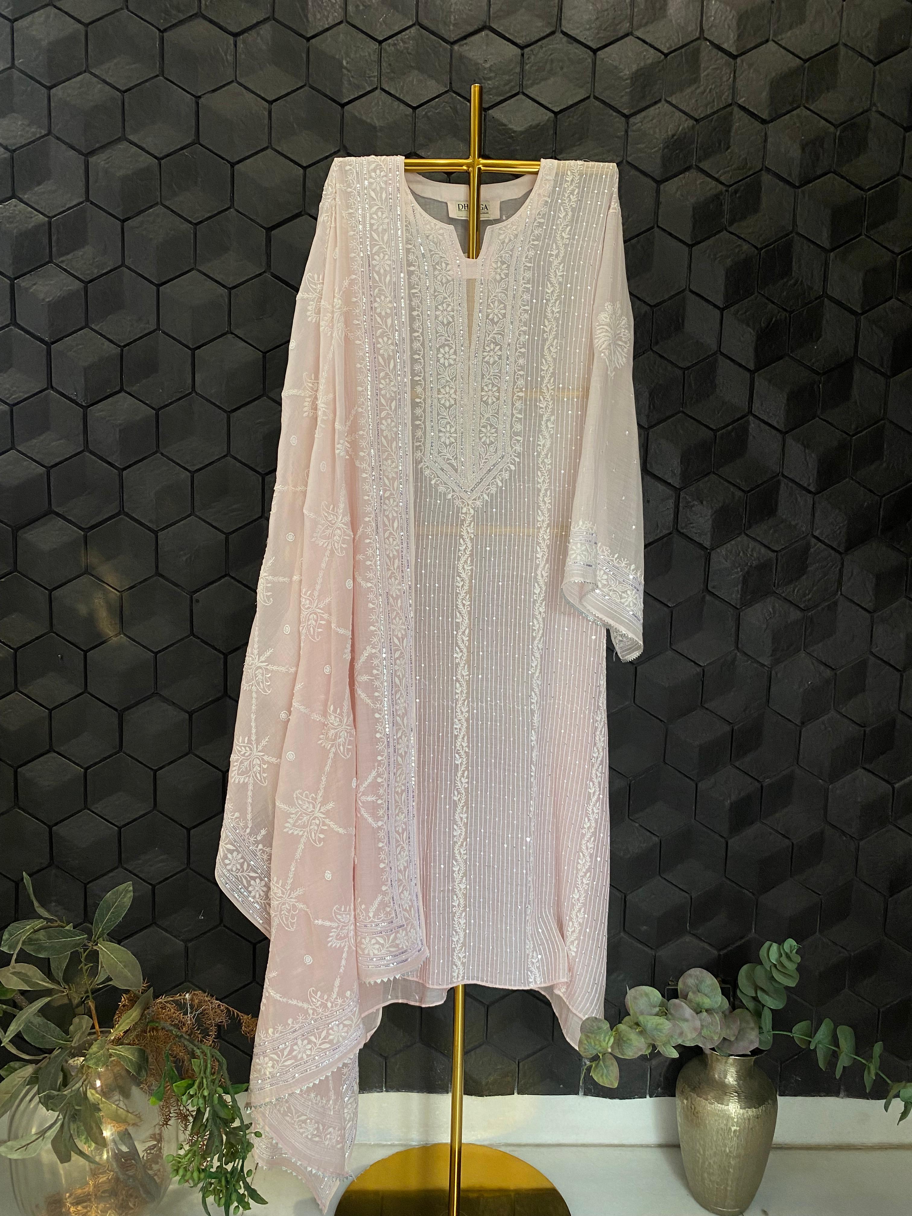 Pink mul chanderi Chikankari kurta set