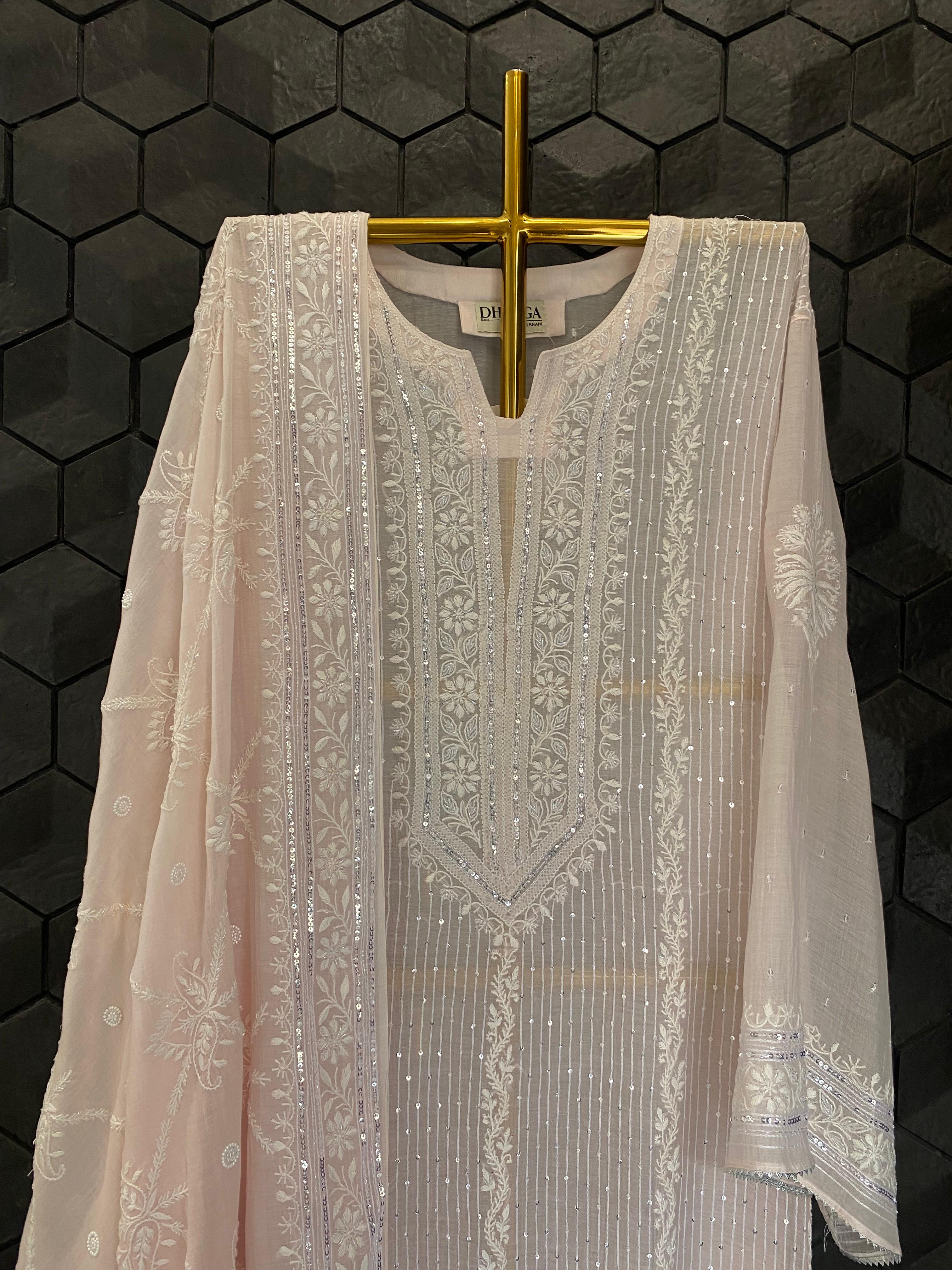 Pink mul chanderi Chikankari kurta set